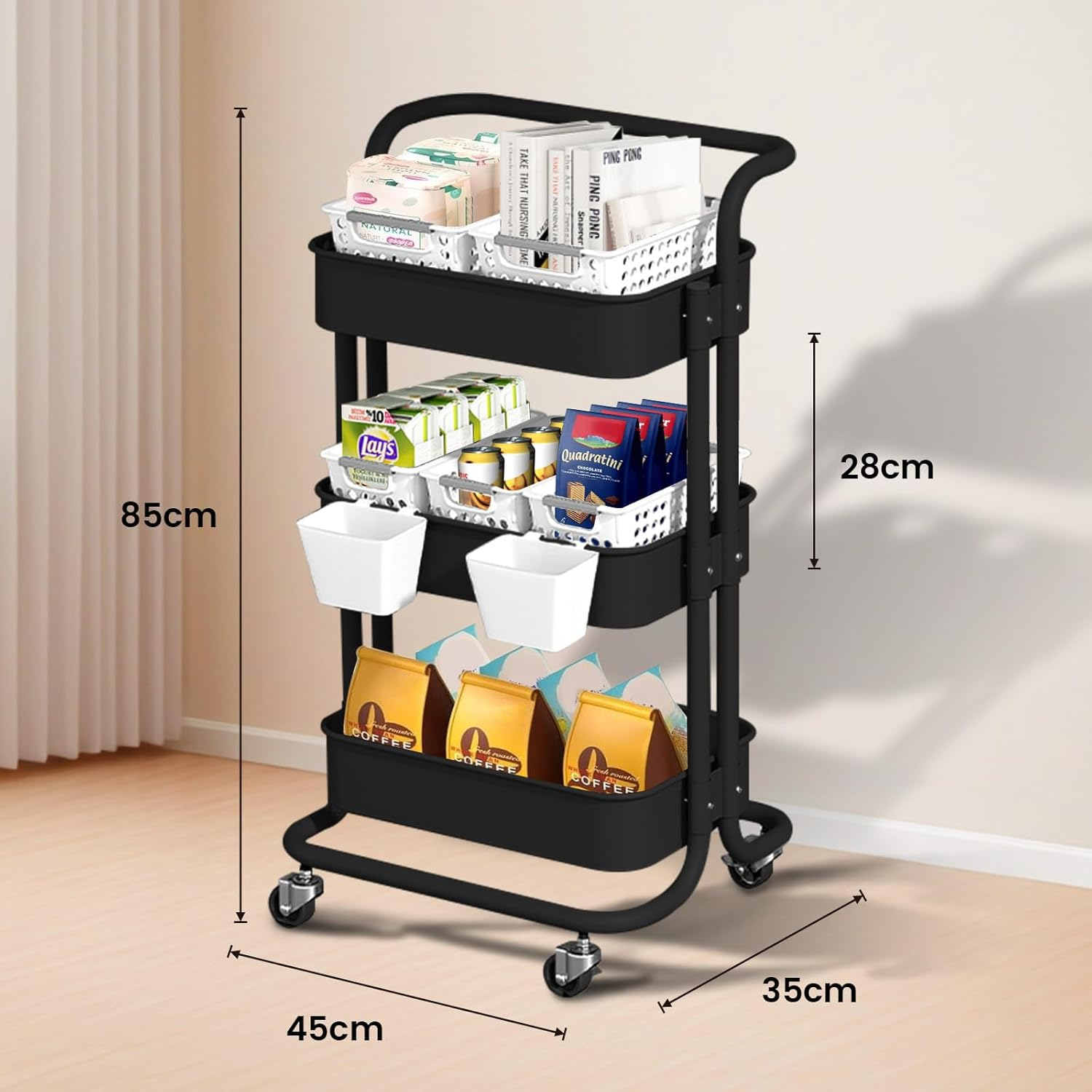 DAWNTREES Black 3 Tier Plastic Basket Trolley with Wheels, Multifunctional Metal Kitchen Storage Trolley, Mobile Storage Rack, Suitable for Office, Home, Kitchen, Garden image number 6