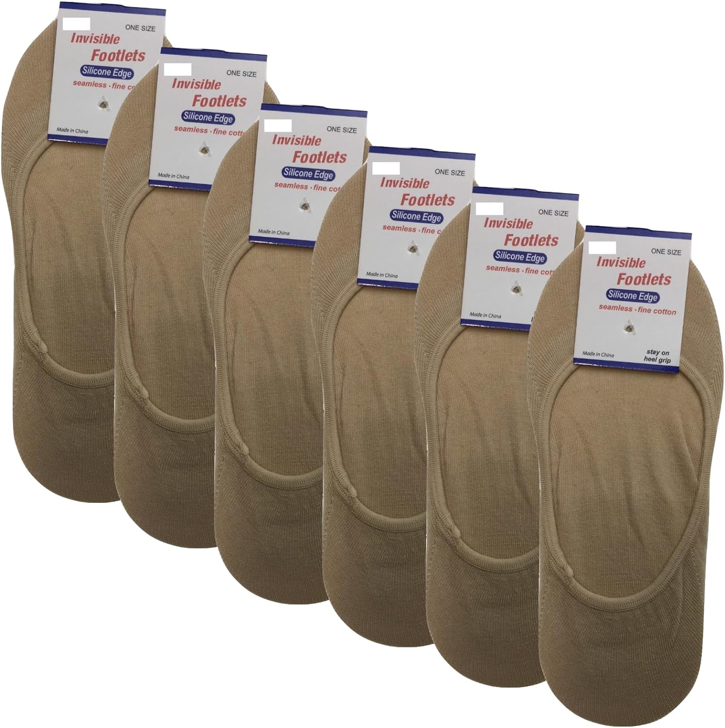 Heel Grip Invisible Footlet Seamless Cotton Socks, Beige, Size 2-8 (6 Pairs) image number 2
