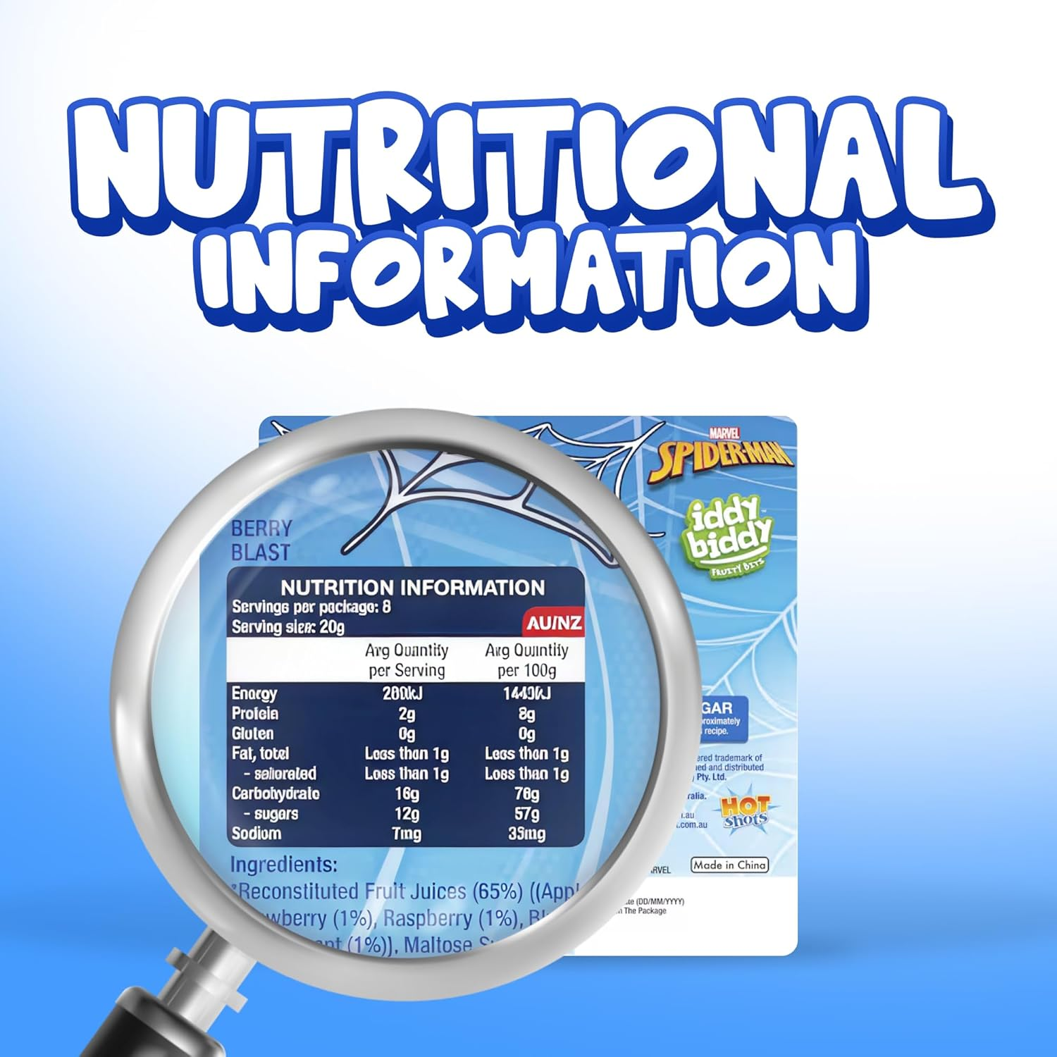 Iddy Biddy Spiderman Fruit Snack, Berry Blast, 6 Pack, 960G - Fruit Flavoured, Gluten Free, Natural Colours & Flavours, 65% Fruit Juice, Kids Lunch Box Treats image number 3