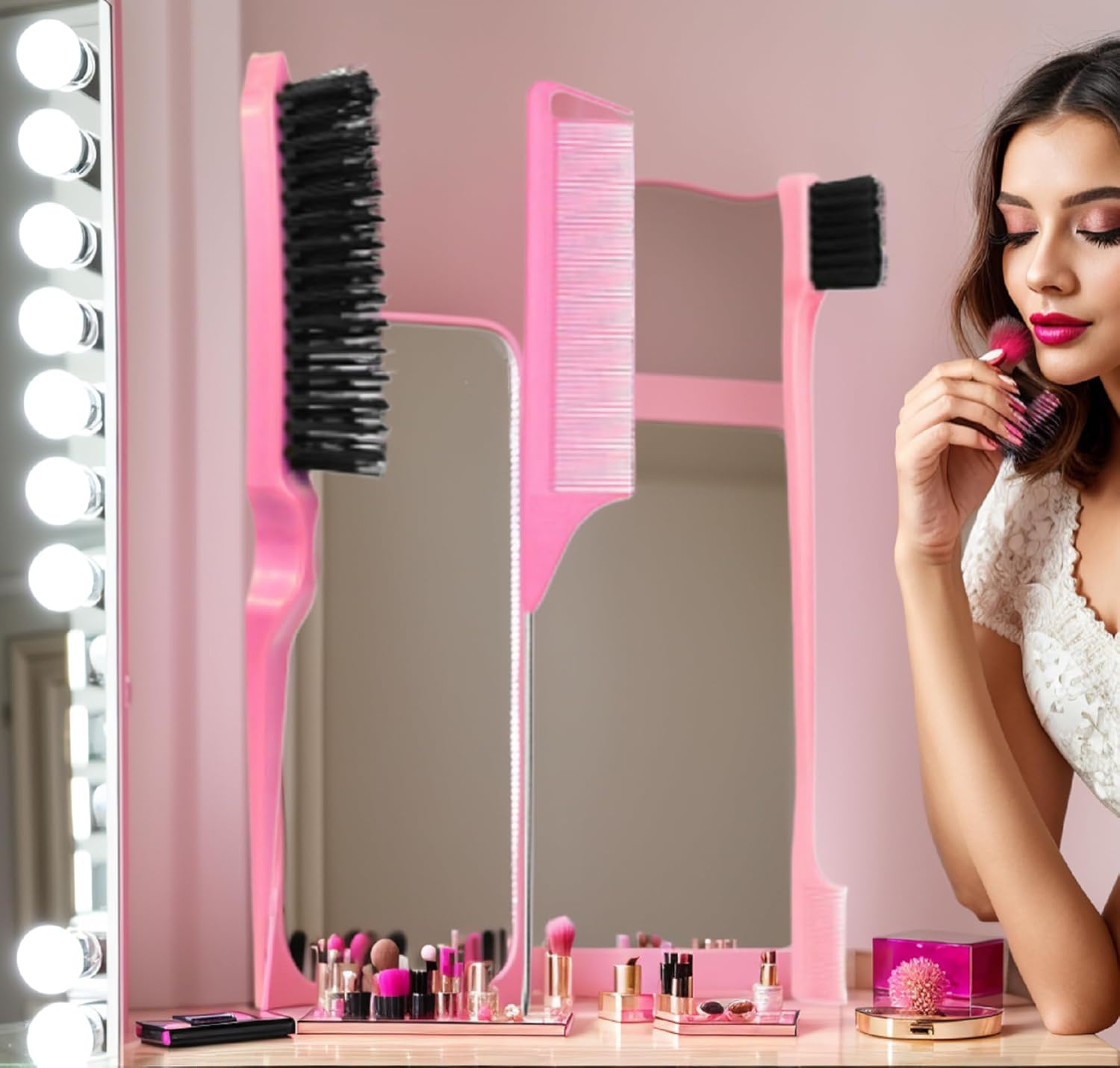 Hair Brush and Comb Set, Pink,3 Pcs Slick Back Hair Brush Set with Edge Brush, Bristle Brush, Rat Tail Comb, Teasing Brush Set for Smoothing Baby Hair & Flyaways - Pink image number 3