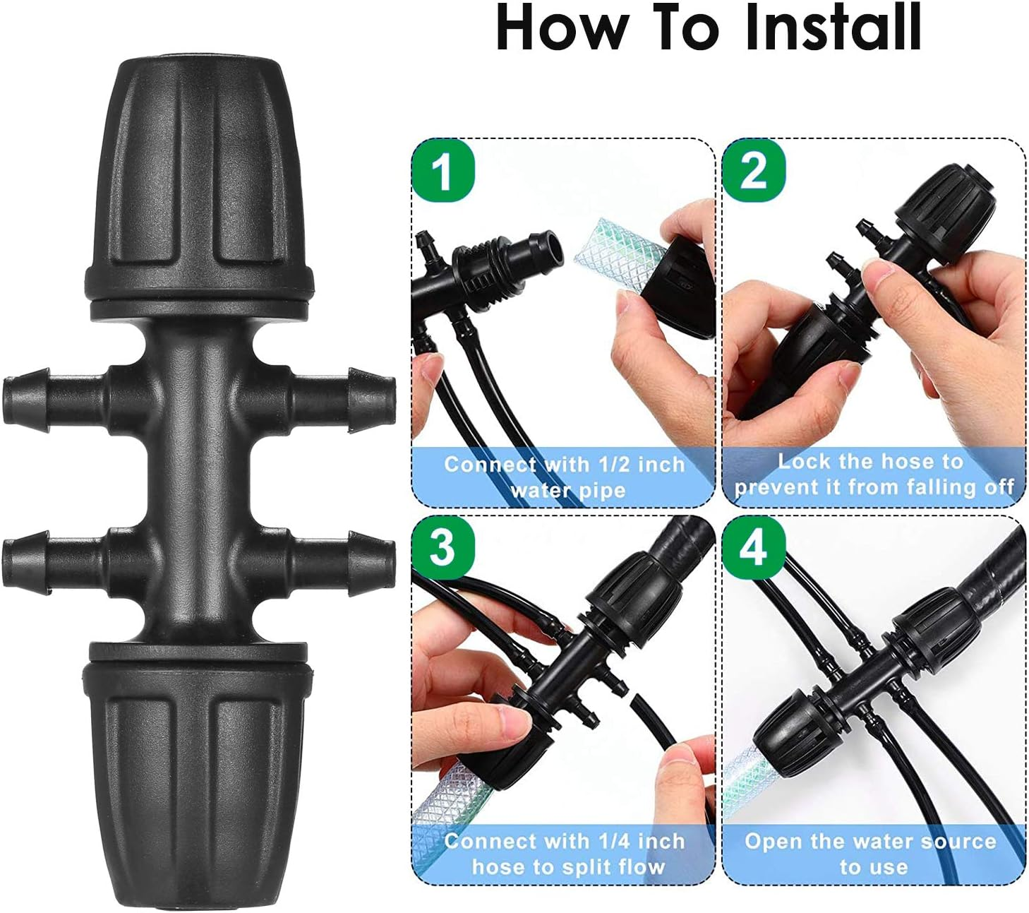 20 Pieces Barbed Tee Drip Rigation Tubing Connectors Hose Joi 1/2 Inch to 1/4 Inch 6 Way Fittings Adapter Black S