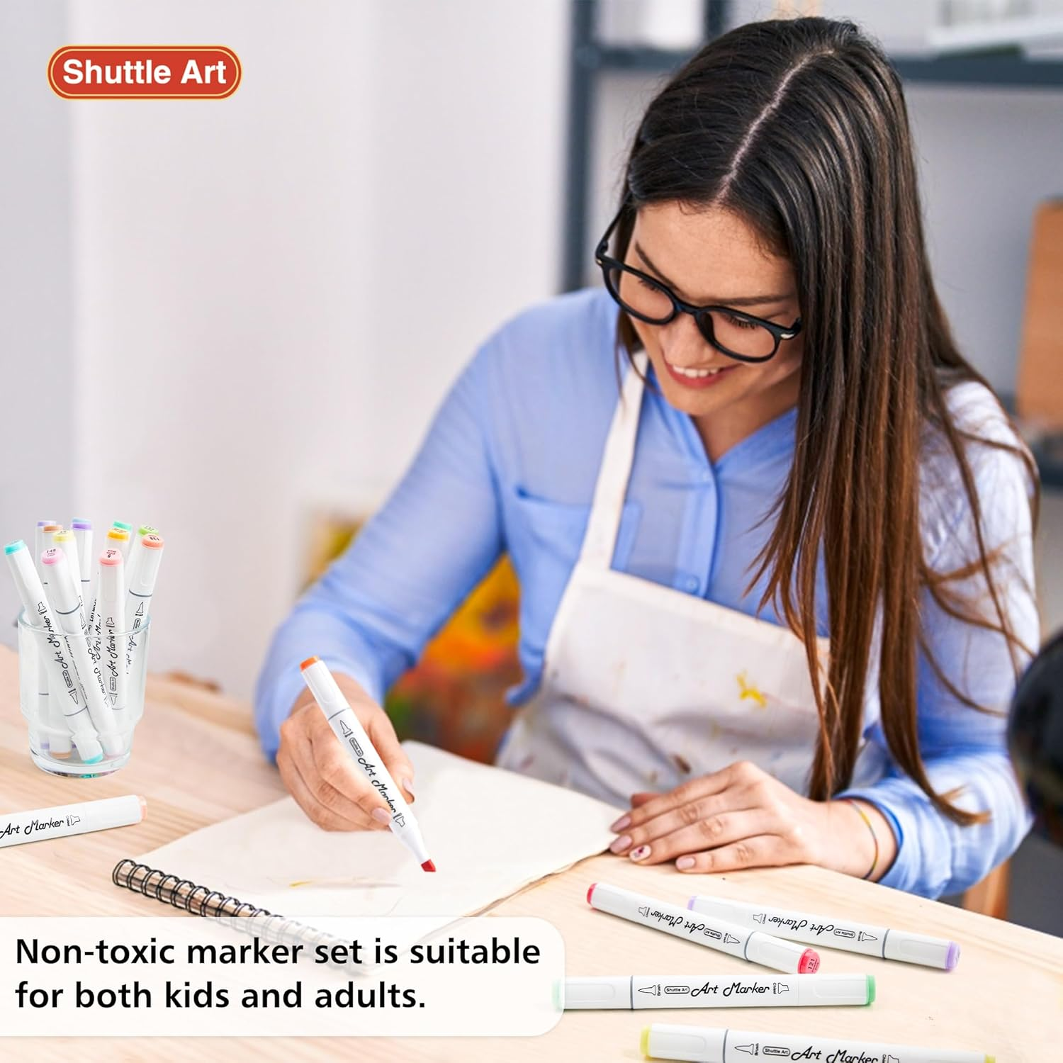 Shuttle Art Pastel Alcohol Markers Brush Tip, Dual Tip Brush & Chisel Tip Art Marker Set, 50 Colors plus 1 Blender Marker Pens with Case Perfect for Illustration Students Adults Coloring Sketching image number 1