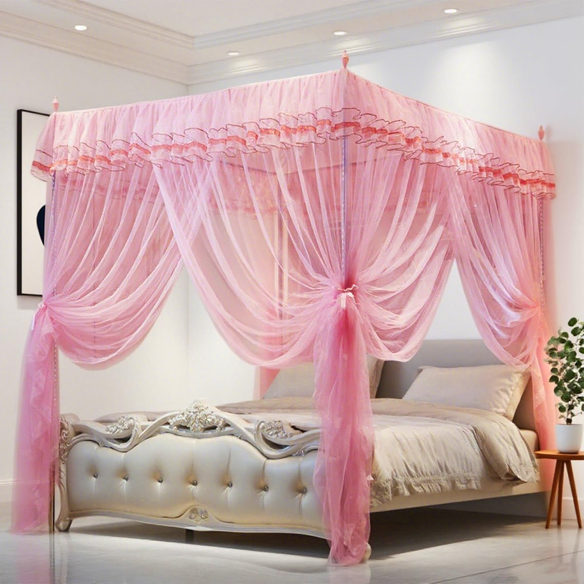 4 Corners Post Ruffle Princess Bed Canopy, Romantic Bed Drape Netting for Twin/Full/Queen/King Beds Mosquito Net Mesh for Girls Kids Adults Bedroom Dormitory Bed Curtains Canopy Bedding Decor image number 2