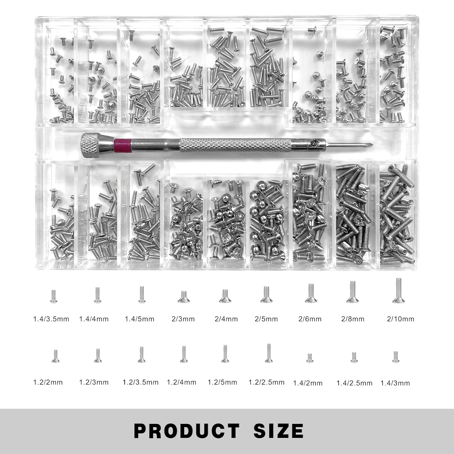 18 Kinds Micro Screws with Screwdriver,Glasses Screwdriver,Mini Small Screwdriver Set,Machine Screw Assortment Kit,Tiny Screws for Eyeglass, Watches, Phone, Laptop Repair(Phillips Head,Silver) image number 2