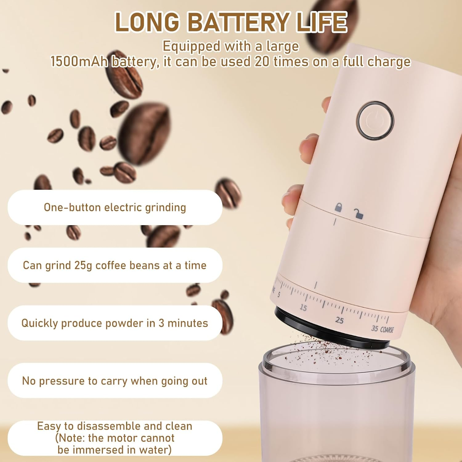 Rechargeable Coffee Grinder, Electric Coffee Grinder, Portable Small Coffee Grinder, Rechargeable, 38 Coarse Grain Setting, Espresso Coffee Grinder for Travel, Camping (Cream) image number 2