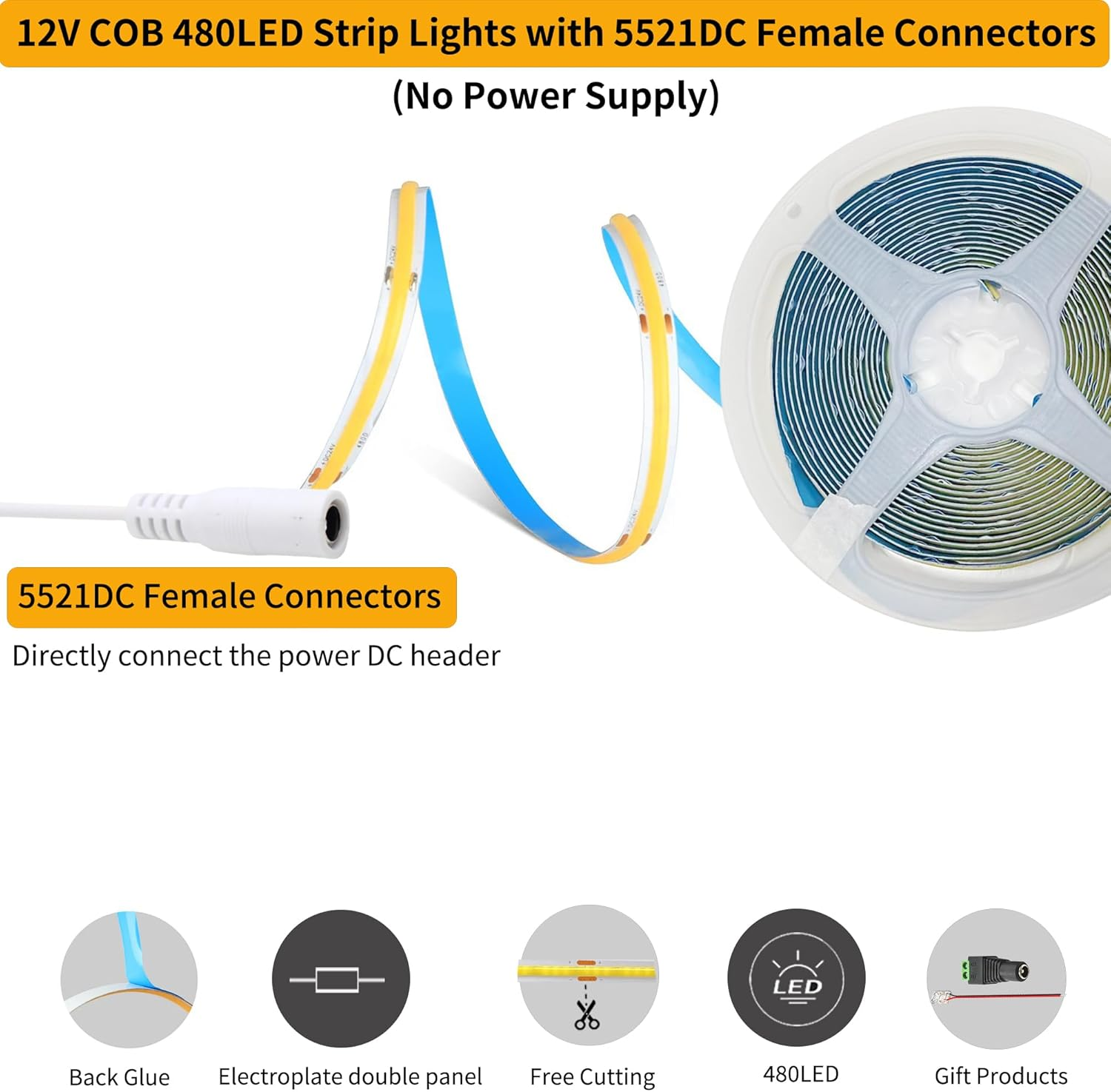 Clearhill 12V COB 480LED Strip Lights,9.84Ft/3M（No Power Supply）,Red,480Leds/M,With 5521DC Female Connectors,8Mm Width,Cri90,Electroplated Double-Sided Panel,Ip20,For Indoor Decoration image number 6