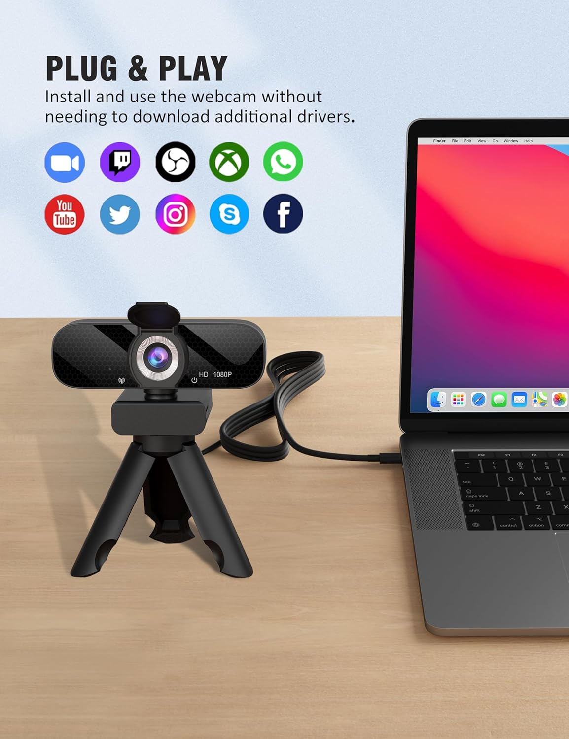Gozvrpus USB HD Webcam with Built-In Microphone and Rotatable Tripod, 1080P Video, Wide Angle Camera, Privacy Cover, for PC Computer or Laptop (Black) image number 2