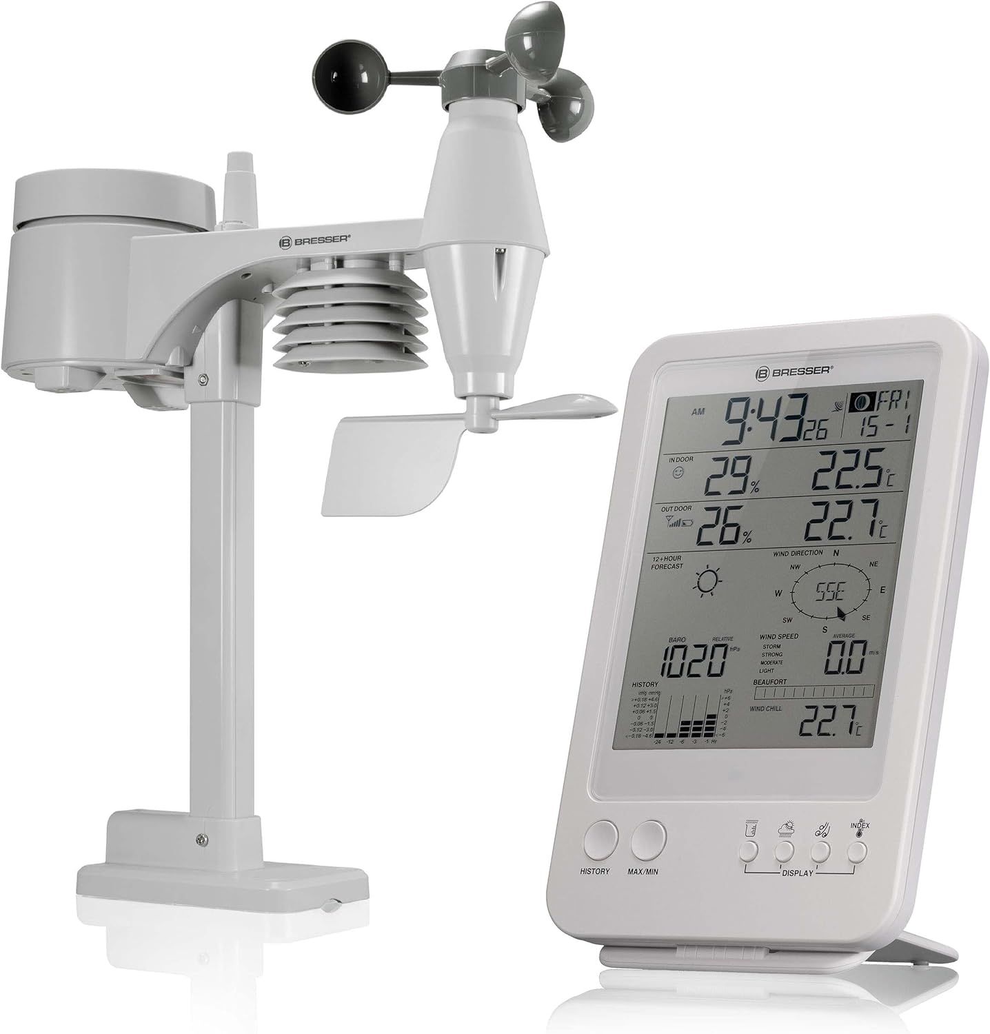 Bresser Weather Station 5-In-1 with Outdoor Sensor and German DCF Radio Control Clock and Manual Mode for UK, White