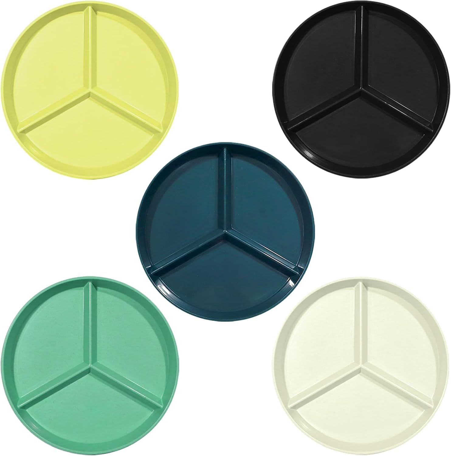 WAYGYMBBD Unbreakable Divided Plates for Kids Adults 9 Inch 5Pcs，Round Portion Control Plate,3 Compartment Plates with Dividers，Microwave and Dishwasher Safe image number 3