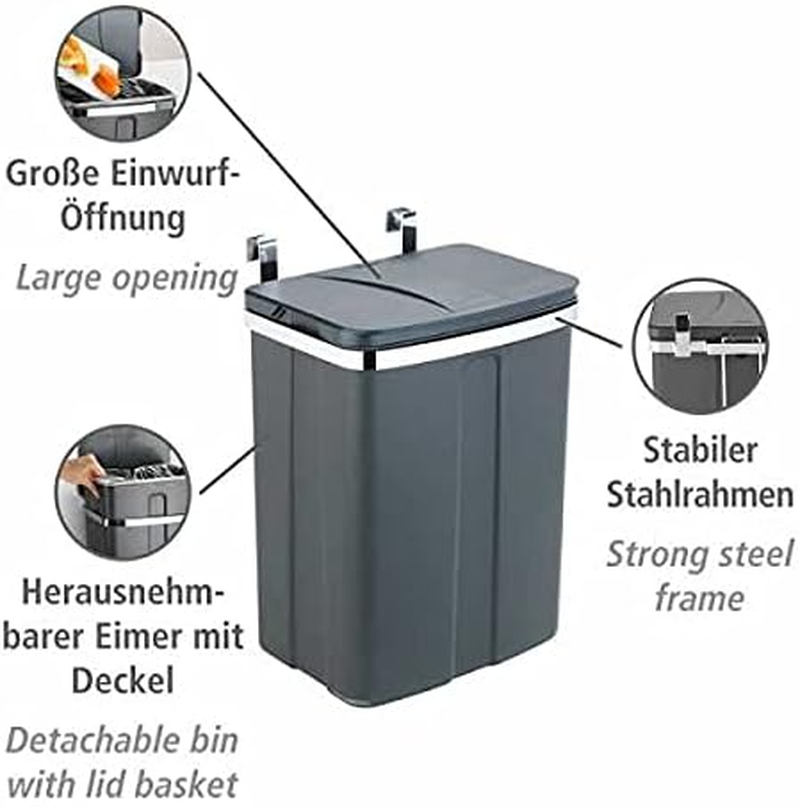Wenko Garbage Bin Kitchen Trash Can Hanging Gray 12L image number 2