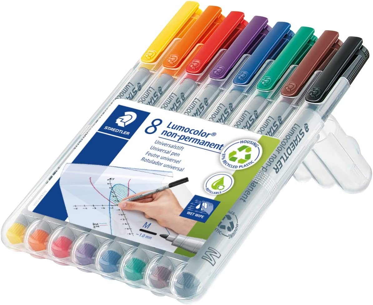 STAEDTLER Lumocolor Non-Permanent Medium Markers 8 Pack, Assorted Colours, 315 WP8, Water-Soluble Ink, Fast-Drying, Stand up STAEDTLER Wallet Converts to Convenient Desk Stand image number 5
