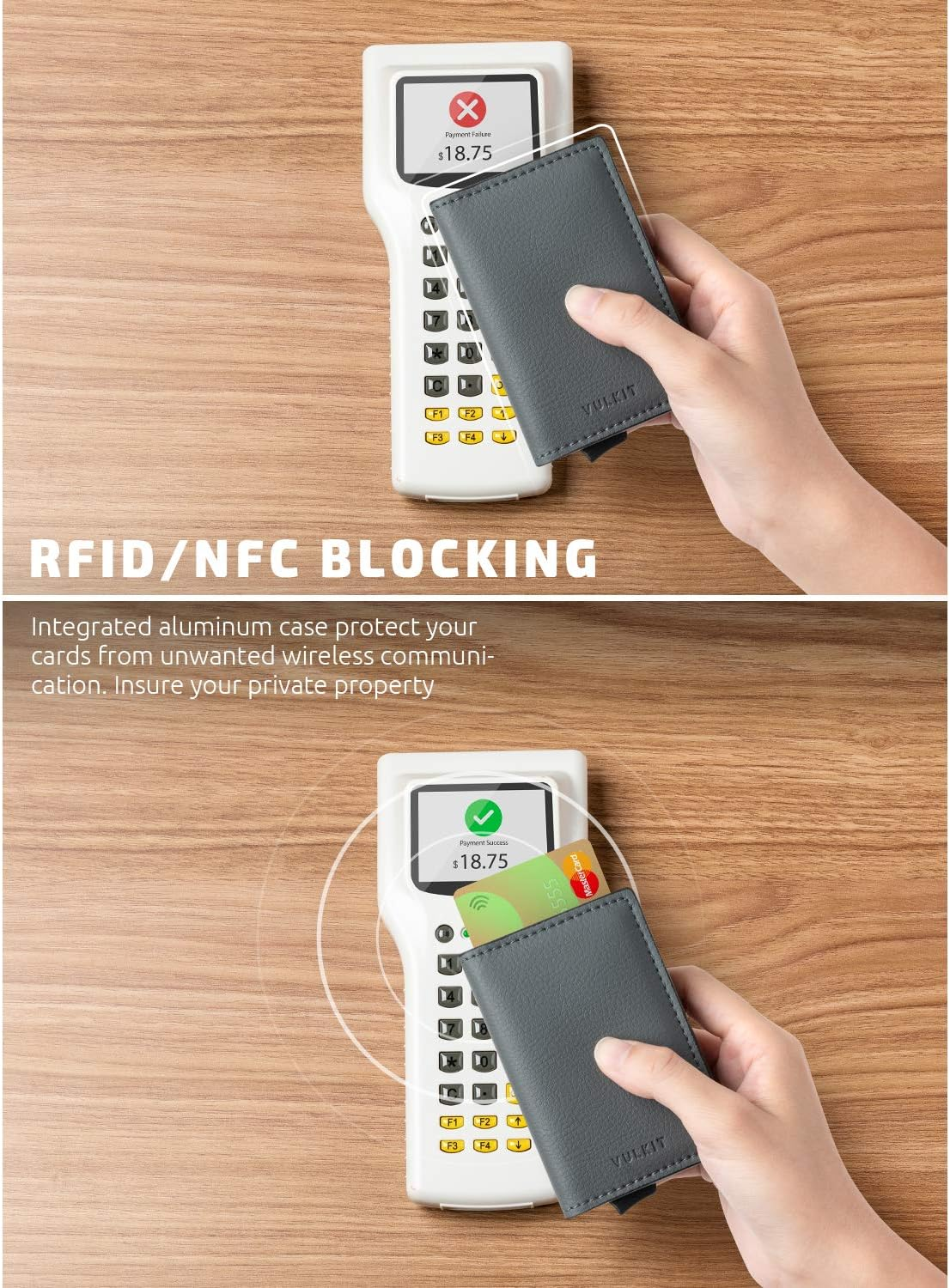 VULKIT Credit Card Holder RFID Blocking Leather Automatic Pop up Wallet Aluminum Slim Pocket Bifold Business Card Case - Brown image number 2