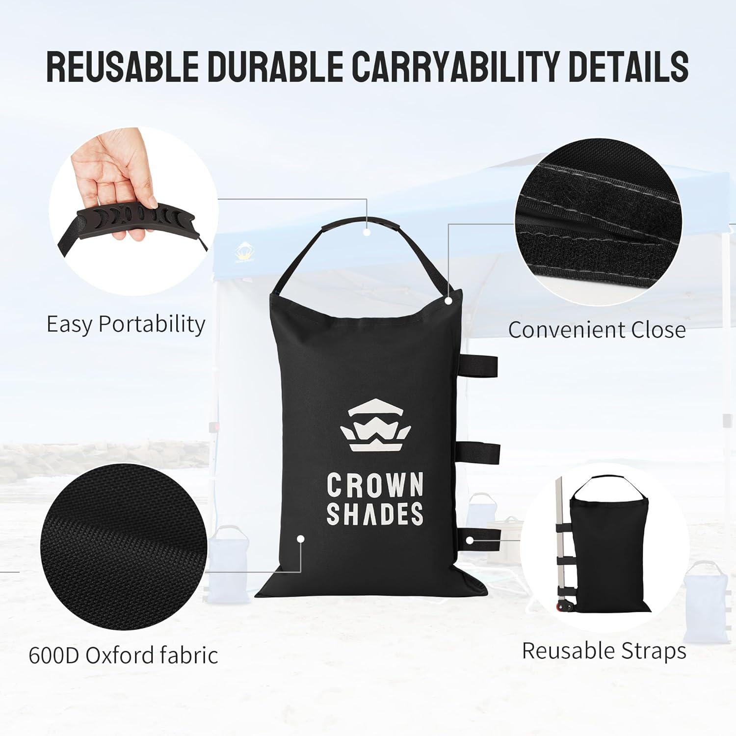 Crown Shades Sand Bags for Canopy Legs (120 LBS) Sandbags for Weight, Canopy Weights, Pop up Tent Weights Bags, Black (Unfilled) image number 3
