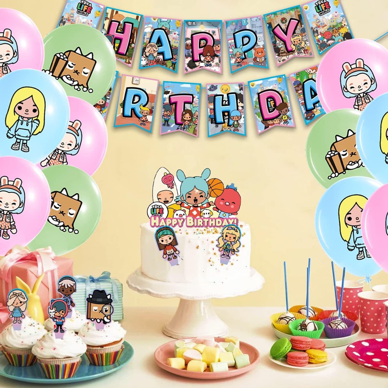 Toca Life World Birthday Decorations Set, 32 Pieces, Balloon Latex Balloon, World Balloons, Happy Birthday Banner, Toca Life World Cake Decoration, Cupcake, Decorations for Children'S Birthday Parties