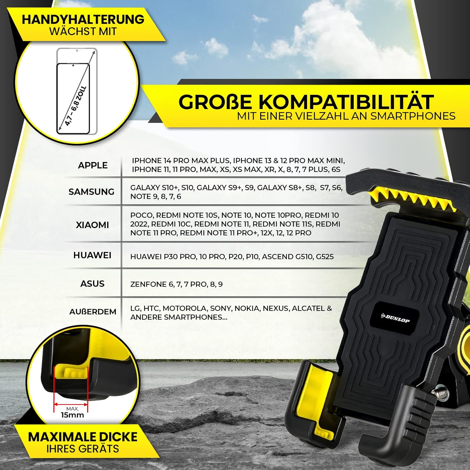 Dunlop Automotive Mobile Phone Holder Bicycle Motorcycle Holder - Secure Universal Mobile Phone for Iphone 13 Pro Max Mini 12 Smartphone from 4, 7-6, 8 Inches - 360 Degrees Anti-Shake + Scratch image number 2