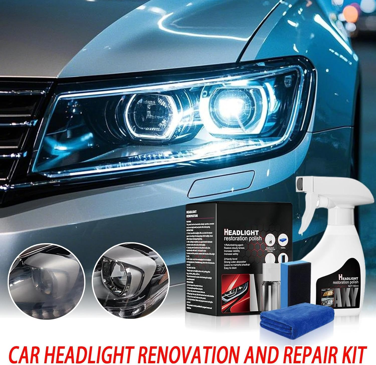 Car Headlight Restoration Kit,Headlight Polishing Cleaner Coating Agent - Automotive Repair Restorer for Drivers Vehicle Truck SUV RV Night Driving Daily Care Refurbishment image number 2
