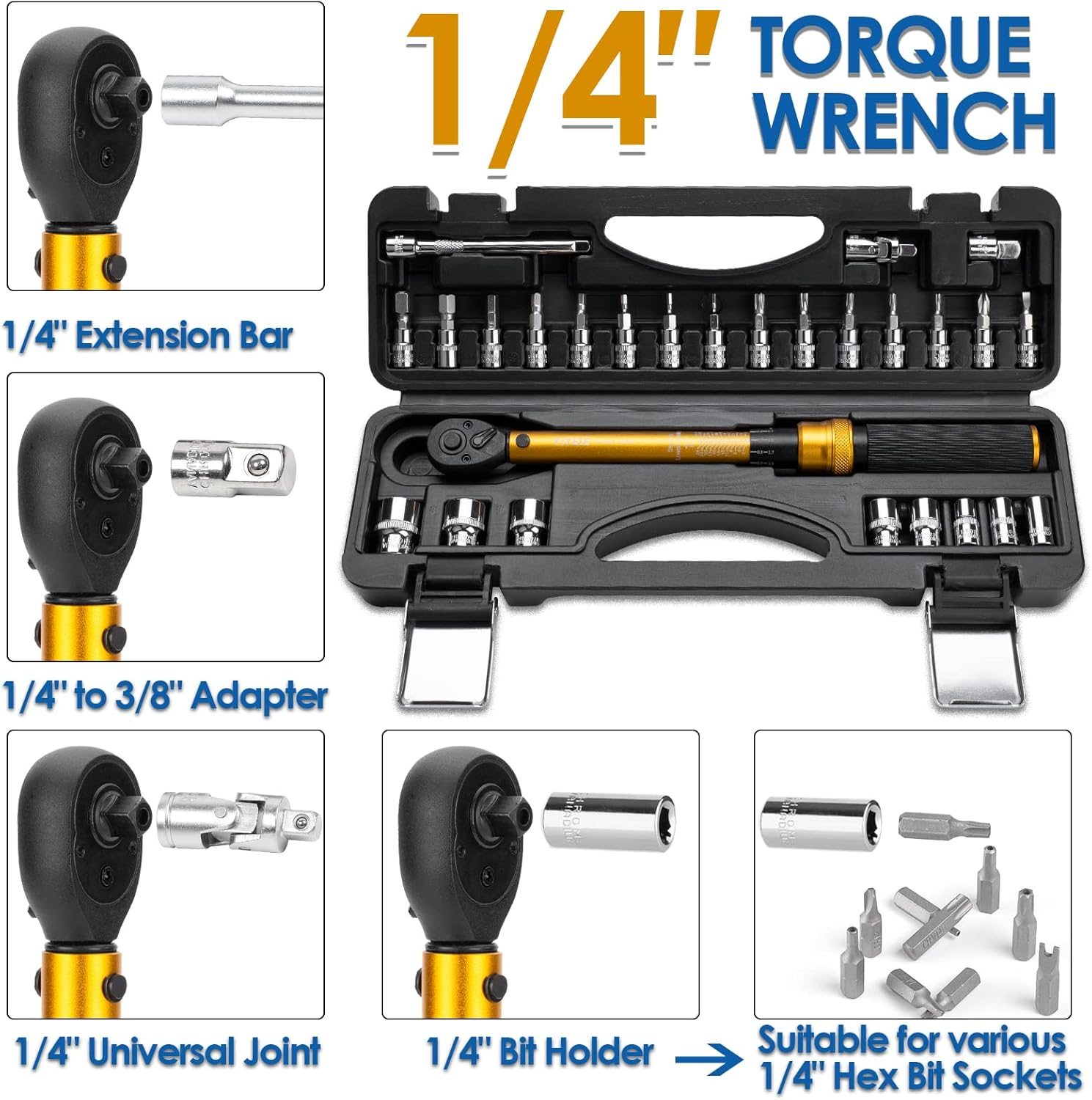 YIYEIE 1/4 Inch Drive Bike Torque Wrench, 1-25 Nm (10-222.5 In.Lb), 27 PCS Click Bicycle Torque Wrench with Bit Sockets, 0.1 Nm Micro, 72-Tooth Ratchet, 3/8 Adapter, for MTB, E-Bike, Motorcycle image number 4