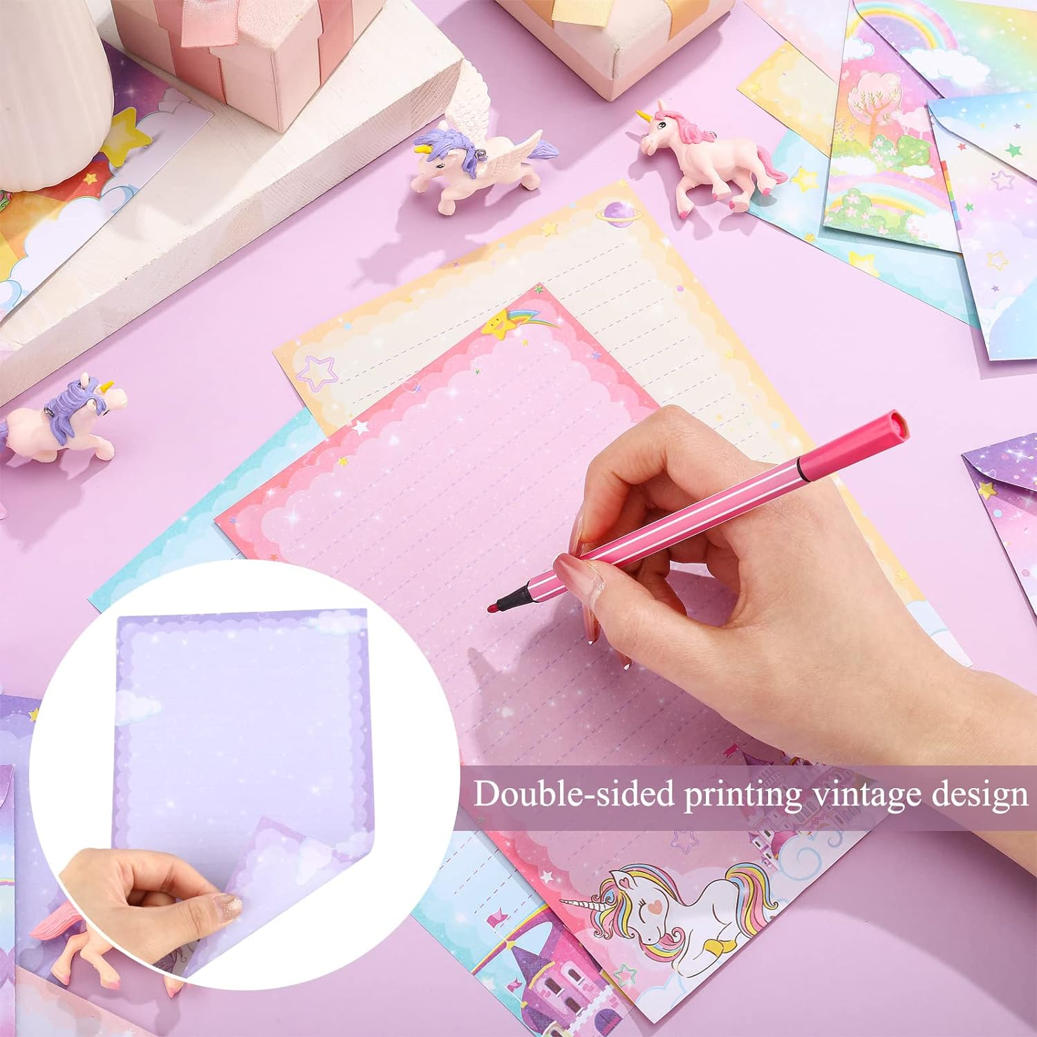 Taobary 160 Packs Mini Rainbow Unicorn Stationery Paper Set 50 Double Sided Stationery Writing Papers Matching Envelopes and 60 Unicorn round Dot Stickers, 5.5 X 8.25 Inch, 10 Designs image number 1