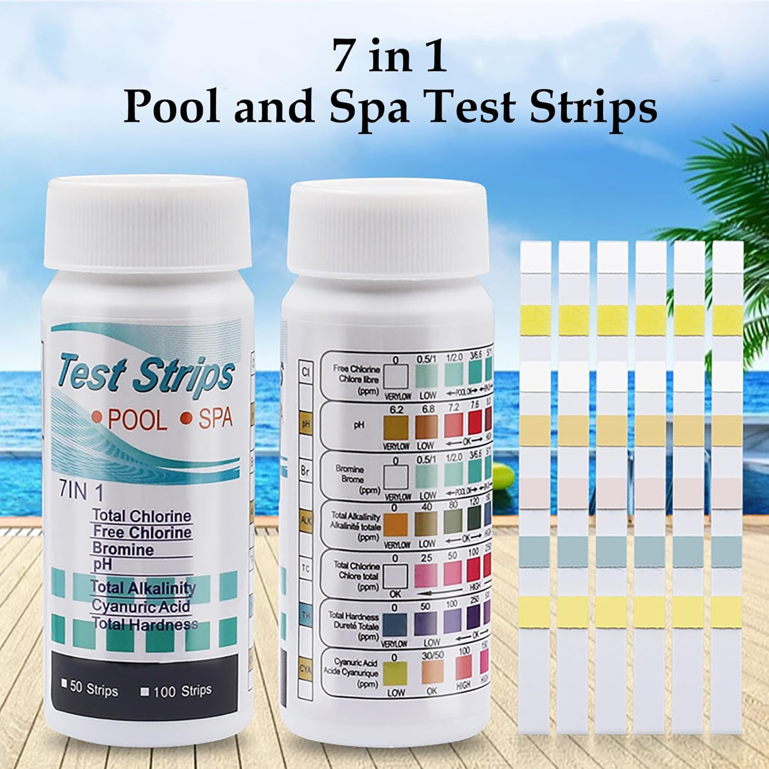 JUMXSRLE Pool and Spa Test Strips, 7 in 1 Quick Accurate Swimming, 100 Pool Test Kit - Hot Tub Test Strips & Pool Water Testing Strips for Ph Chlorine Bromine Hardness Alkalinity Cyanuric Acid image number 3