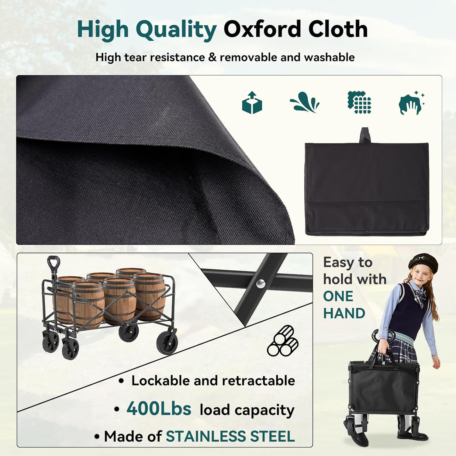 Collapsible Folding Wagon, Outdoor Utility Wagon, Adjustable Beach Wagon Cart with All-Terrain Big Wheels, Portable Grocery Wagon for Outdoor, Camping, Sports, Beach & Shopping image number 3