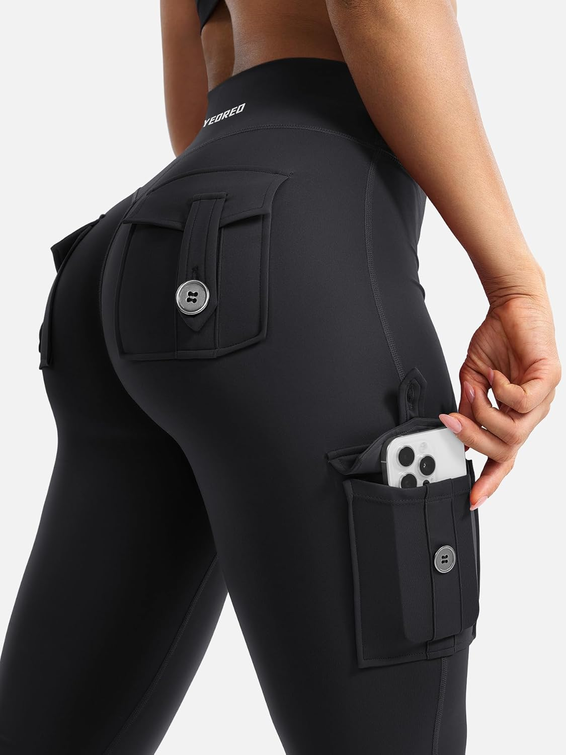 YEOREO Women Workout Flare Leggings with Pockets Hidden Scrunch High Waisted Cargo Gym Yoga Leggings Black image number 3