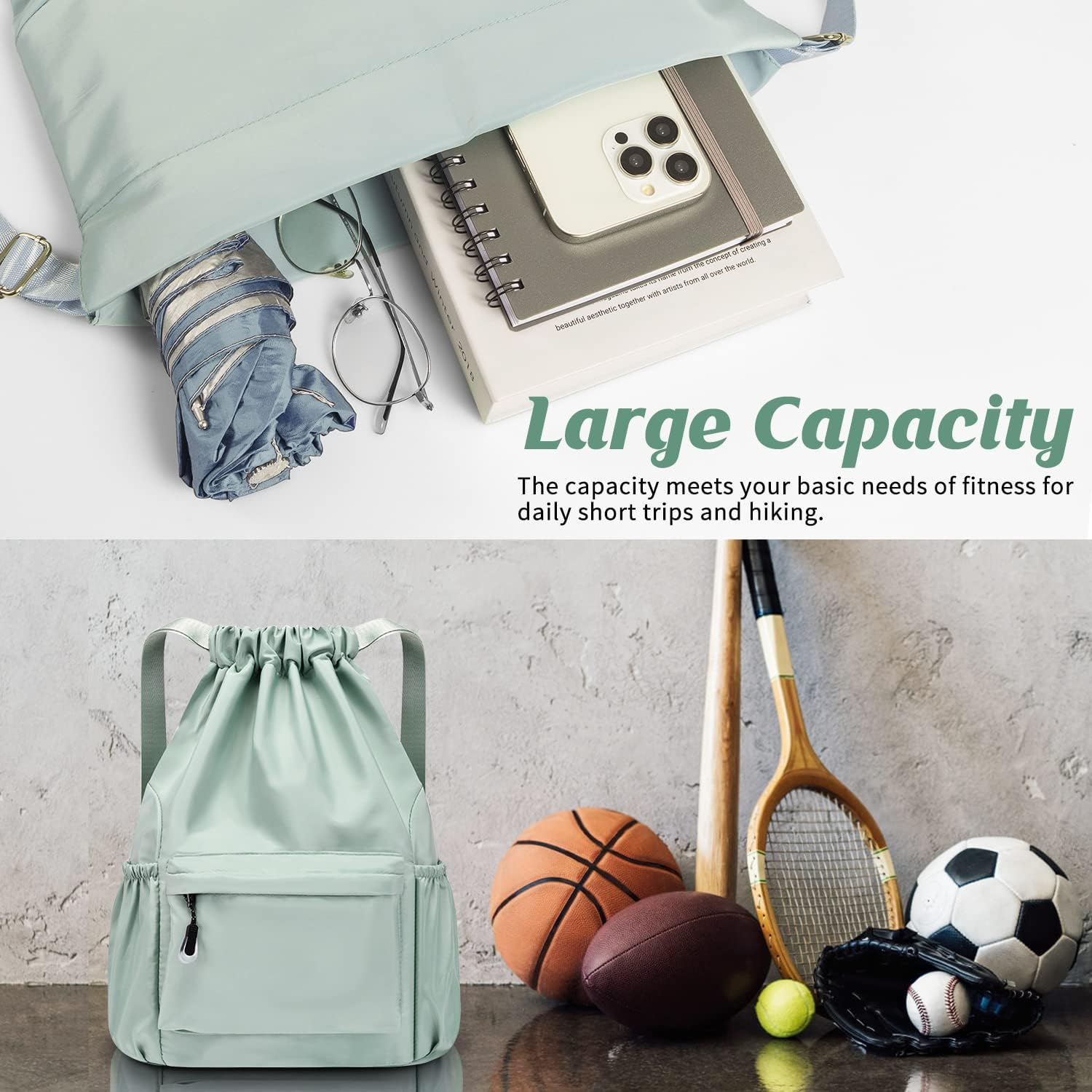 INONIX Large Capacity Folding Travel Drawstring Backpack Sports Gym Bag for Women Men Children Large Size with Zipper Bottle Pockets image number 1