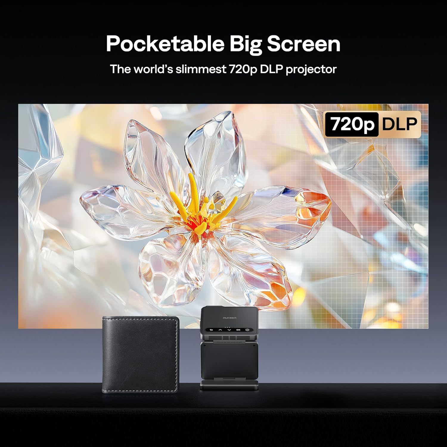 Zip Tri-Fold DLP Truly Mini Projector, Pocket Size, Zero-Lag Focus, One-Click Screen Mirroring, Full-Screen Mode, Type-C Fast Charging, 5,000Mah Battery, Indoor Outdoor Portable Projector, Grey