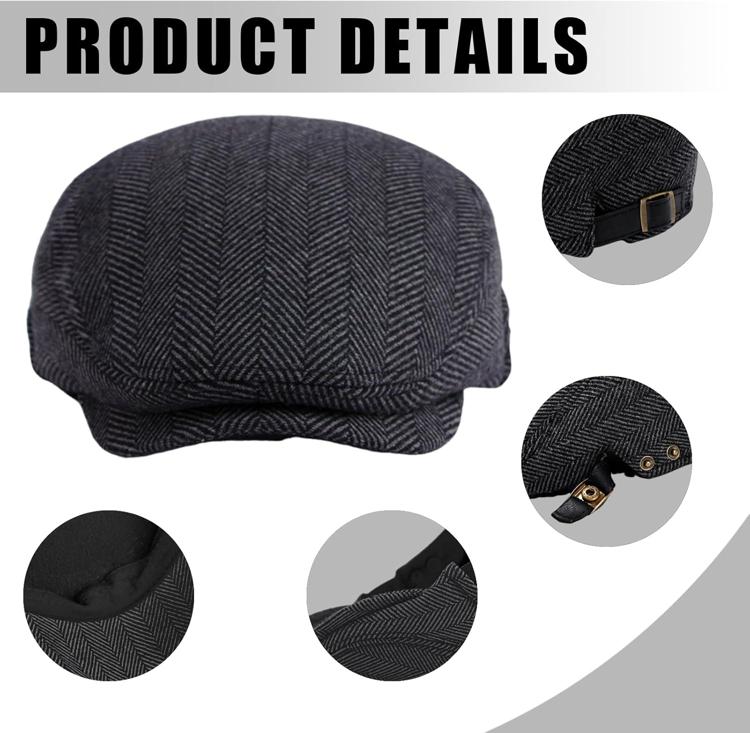 Junha Newsboy Cap,Beret Cap,Men'S Flat Cap,Classic Wool Blend Herringbone Flat Cap Driver Hat Adjustable Outdoor Winter Warm Cap for Men Women Boys Grey
