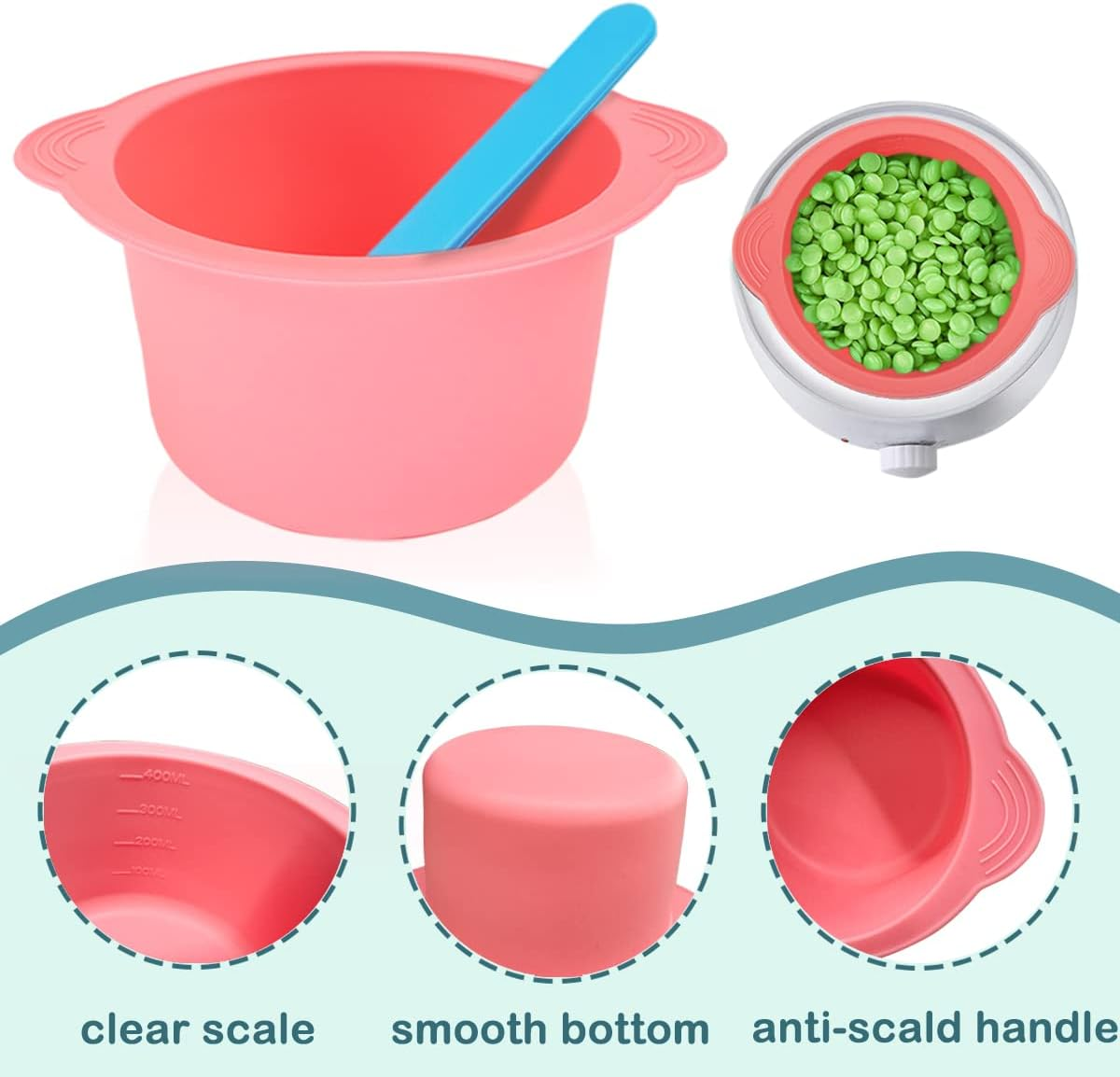 4 Pcs Silicone Wax Warmer Liner, Non-Stick Wax Melt Liner，Easy to Clean Wax Warmer for Hair Removal, Wax Pot for Hair Removal with 4 Pcs Silicone Stirring Bar (Red, Pink, Blue, Yellow)