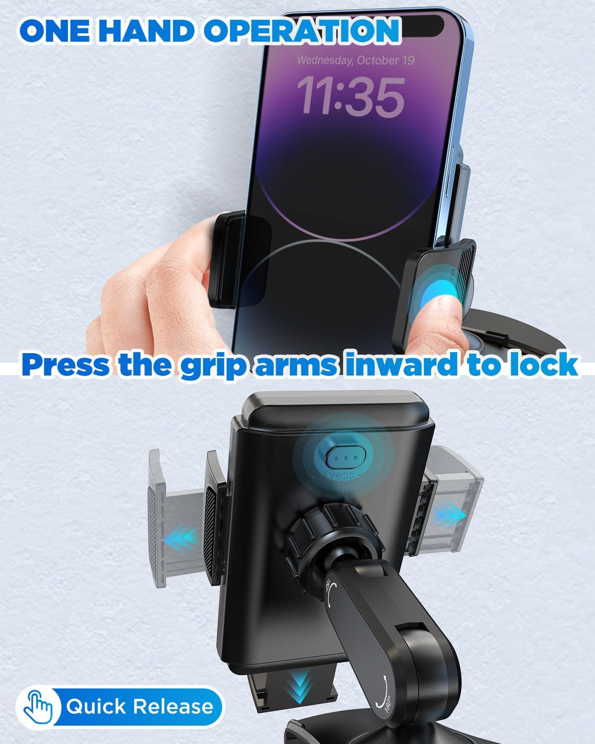 IPOW Car Dashboard Phone Clip Holder, 360 Degrees Rotation Dash Steering Wheel Phone Clamp Mount Compatible with Iphone 16 15 14 13 Pro Max and 4-7 Inch Smartphones (Black)