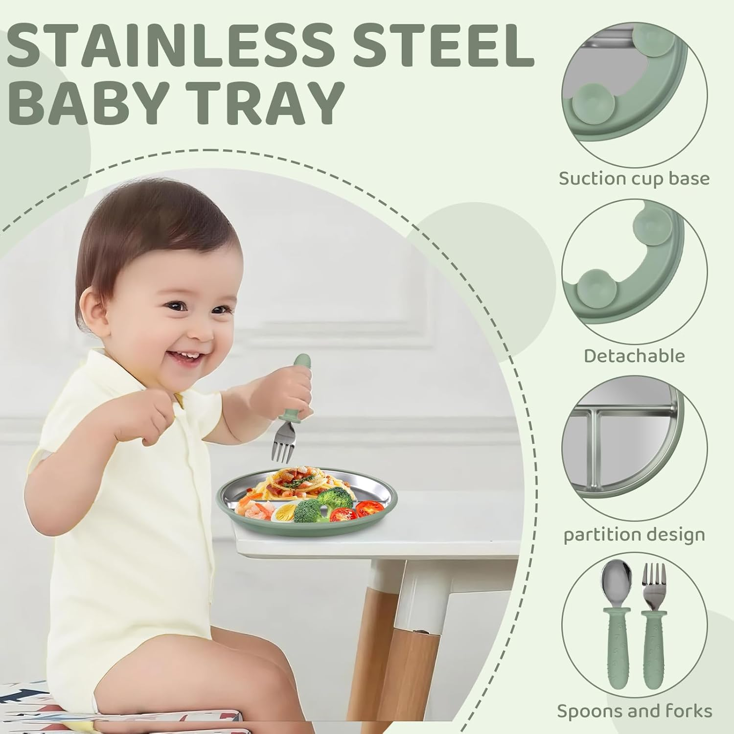 10Pc Baby Feeding Set | Stainless Steel Divided Plate&Suction Bowl with Removable Silicone Suction Base, Silicone Bib, Sippy Cup with Lid, Forks Spoons Snack Container for Baby Led Weaning Supplies