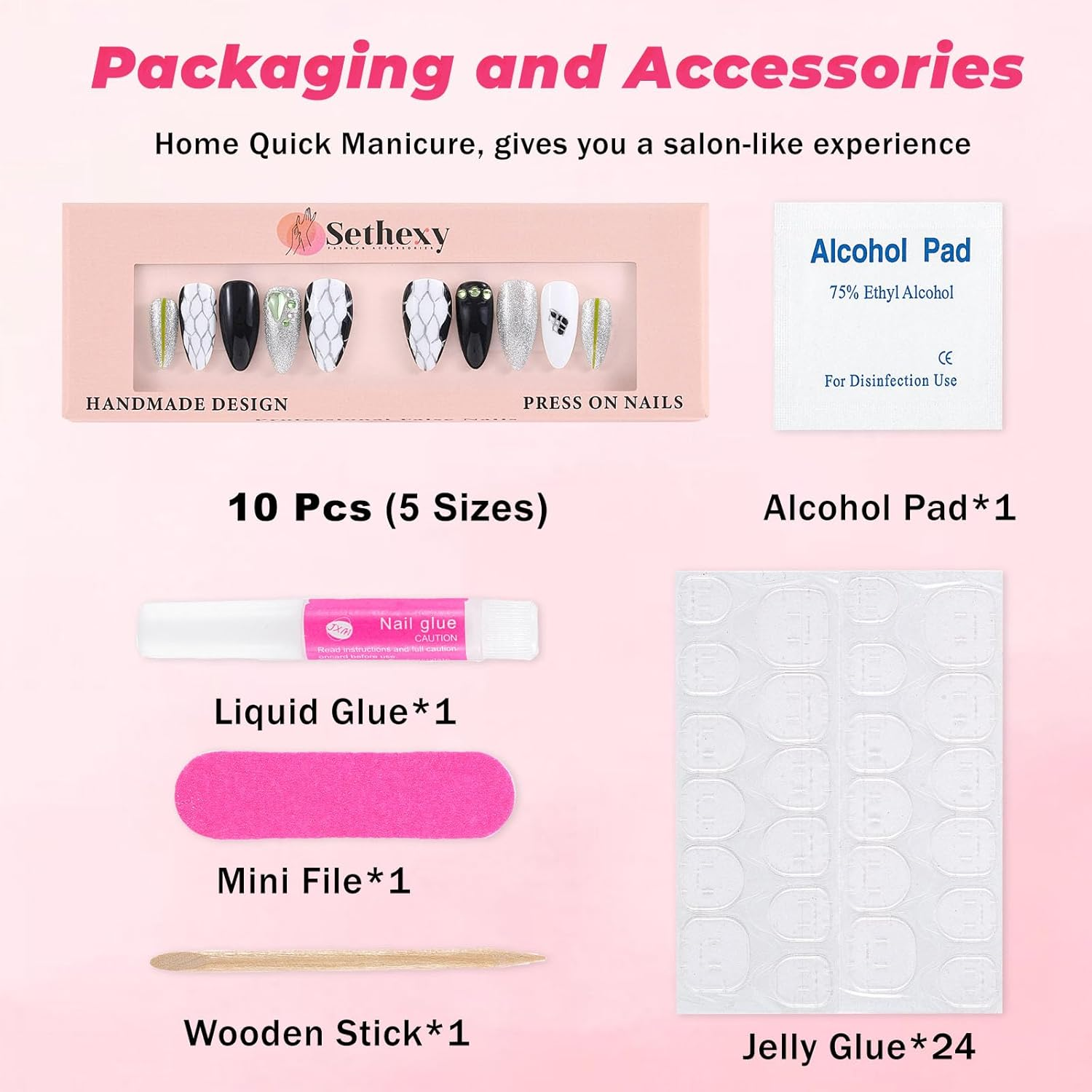 Sethexy Black Rhinestone Medium Almond Artificial Nail Sparkle Handmade False Nails Punk Natural Shiny Press on the Nail Durable Salon Quality for Women and Girls (2) image number 1