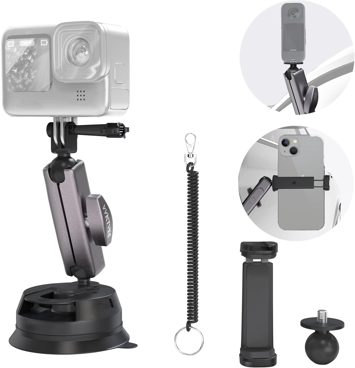 VVNTVEE Car Camera Mount for Go Pro,Metal Suction Cup Mount for Phone/Action Camera Hero 13 12 Pocket 3 Action 5 Pro Action 4 3 X4 X3 with 360&deg; Adjusted Ball-Head Magic Arm image number 2