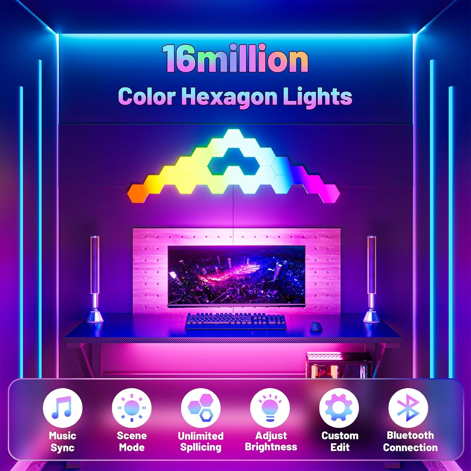 VATHUG Hex Lights, Hexagon Led Gaming Lights, Hexagon Lights for Wall Led with APP Smart Control Hex Led Tiles and Music Sync RGB, Led Wall Panel for Gaming Room, Bedroom, Led Wall Decor (3 Pack) image number 2