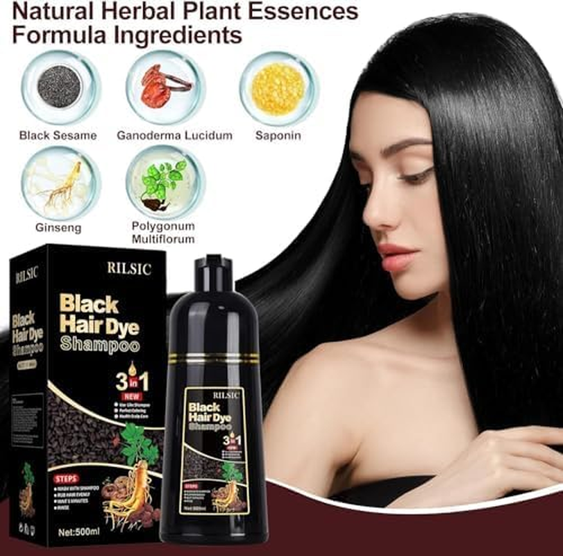 Hair Dye Shampoo 3 in 1, 500ML Instant Hair Color Shampoo for Grey Hair Coverage, Hair Colour Shampoo - Long Lasting - Black Hair Dye Cororing in Minutes for Men Women(Black, 500ML) - Dark Brown image number 5