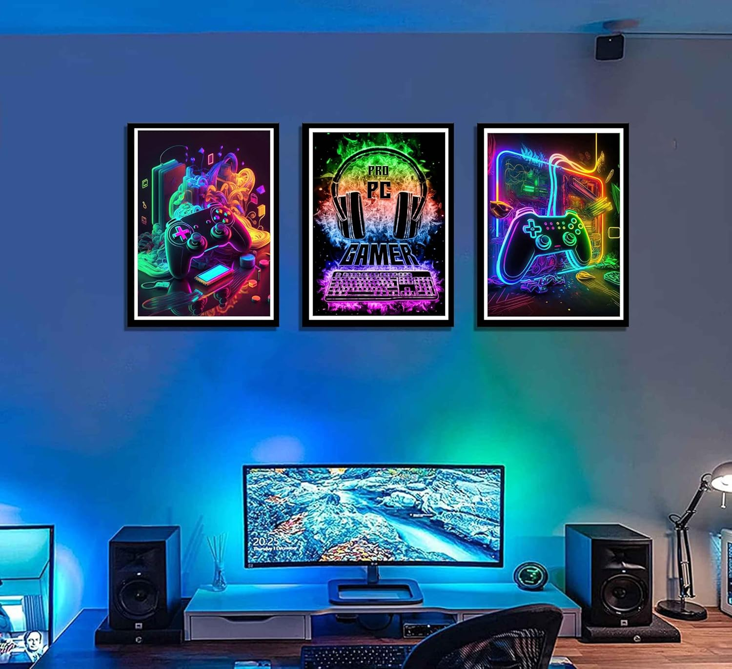 NBYARTQ 3Pcs Cool Gaming Wall Art Retro Video Gamer Watercolor Posters Pictures Colorful Neon Gamepad Canvas Painting Prints for Boys Room Kids Gamer Room Bedroom for Boys Home Decoration 12X16In image number 3