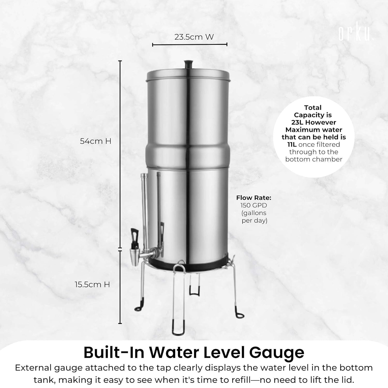 Orku 11L Gravity Benchtop Water Filter + Gauge-Stainless Steel Fluoride Removal image number 2