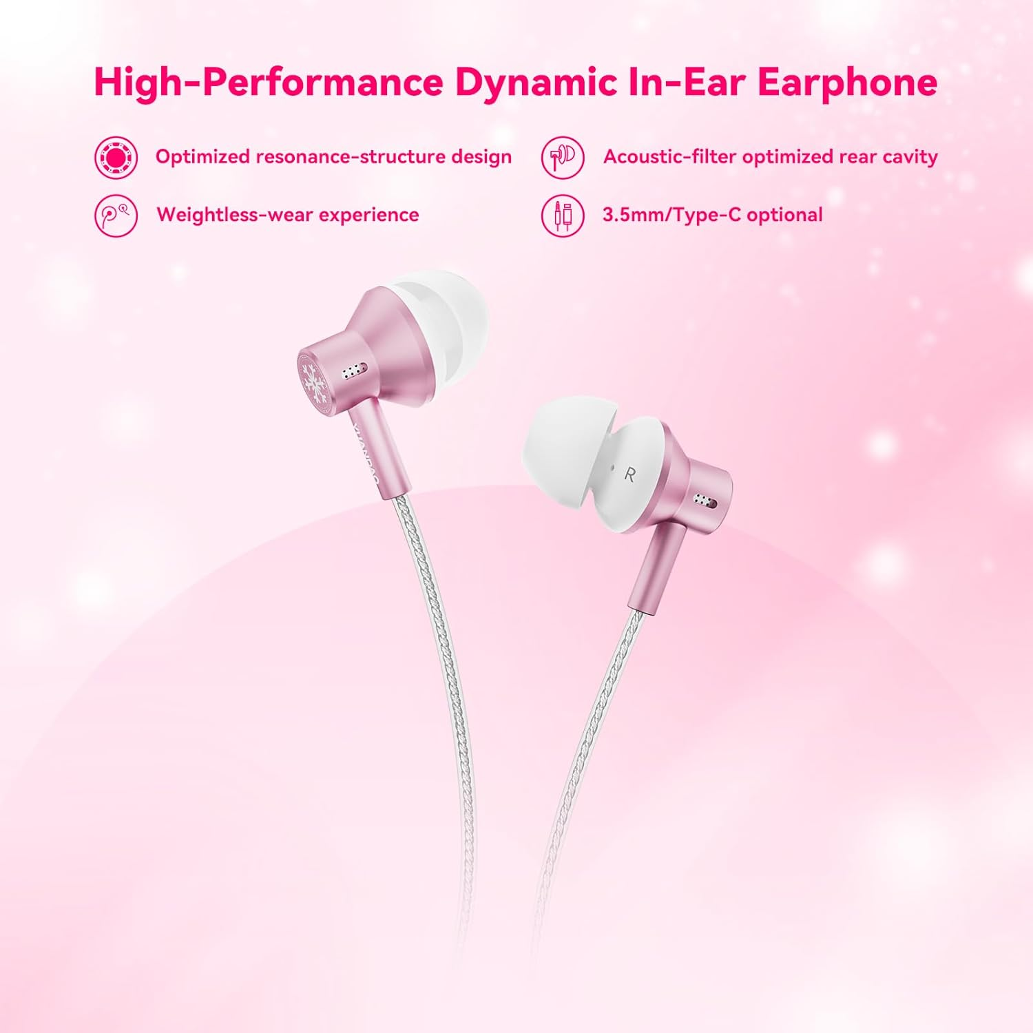 NICEHCK Stringsnow Wired Earbuds, 10Mm Dynamic Driver PEEK PU LCP Diaphragm Hifi In-Ear Headphones for Ipad, Laptop, MP3, Android Fits All 3.5Mm Jack Device (Pink 3.5Mm No Mic) image number 4