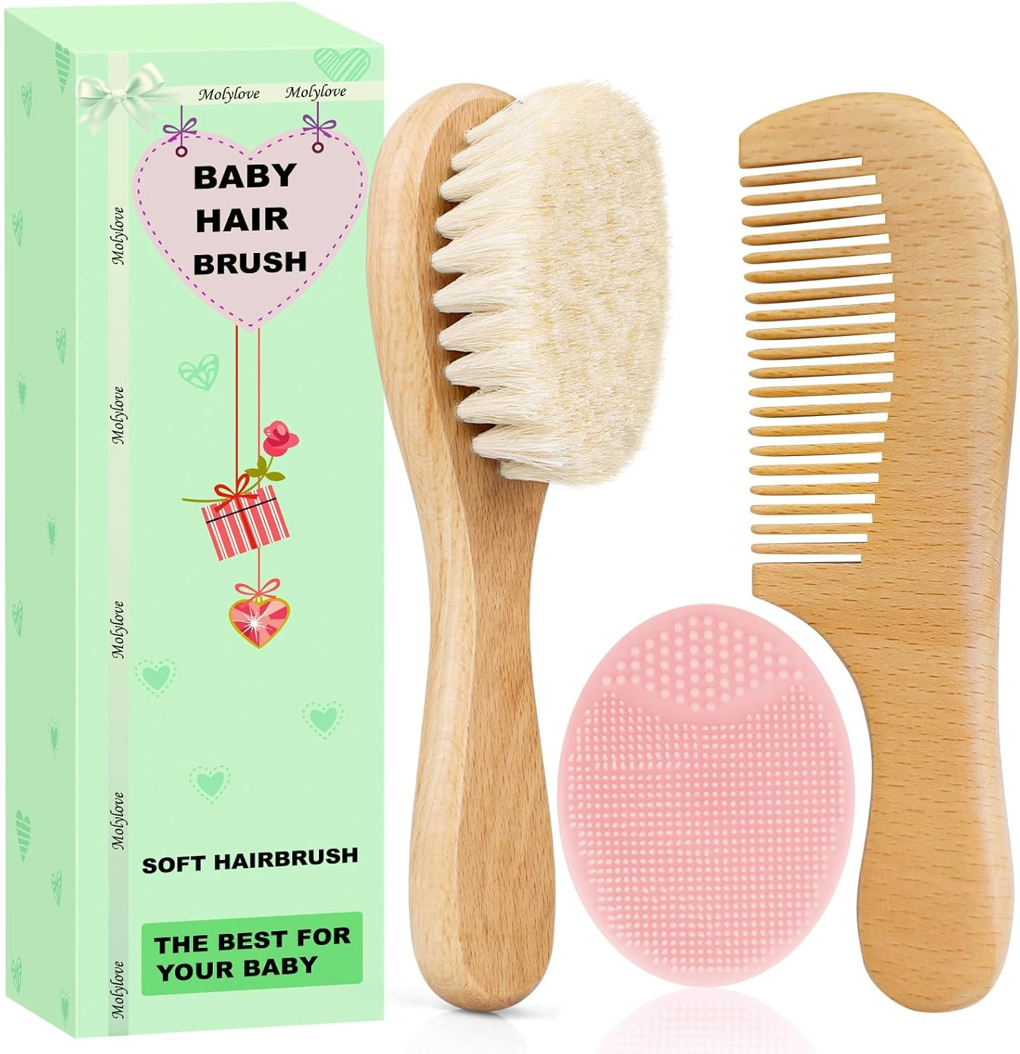 3PCS Baby Hair Brush with Wooden Handle and Comb Set for Newborns & Toddlers | Natural Soft Goat Bristles L Wood Comb L Pink Silicone Brush| Ideal for Cradle Cap image number 1
