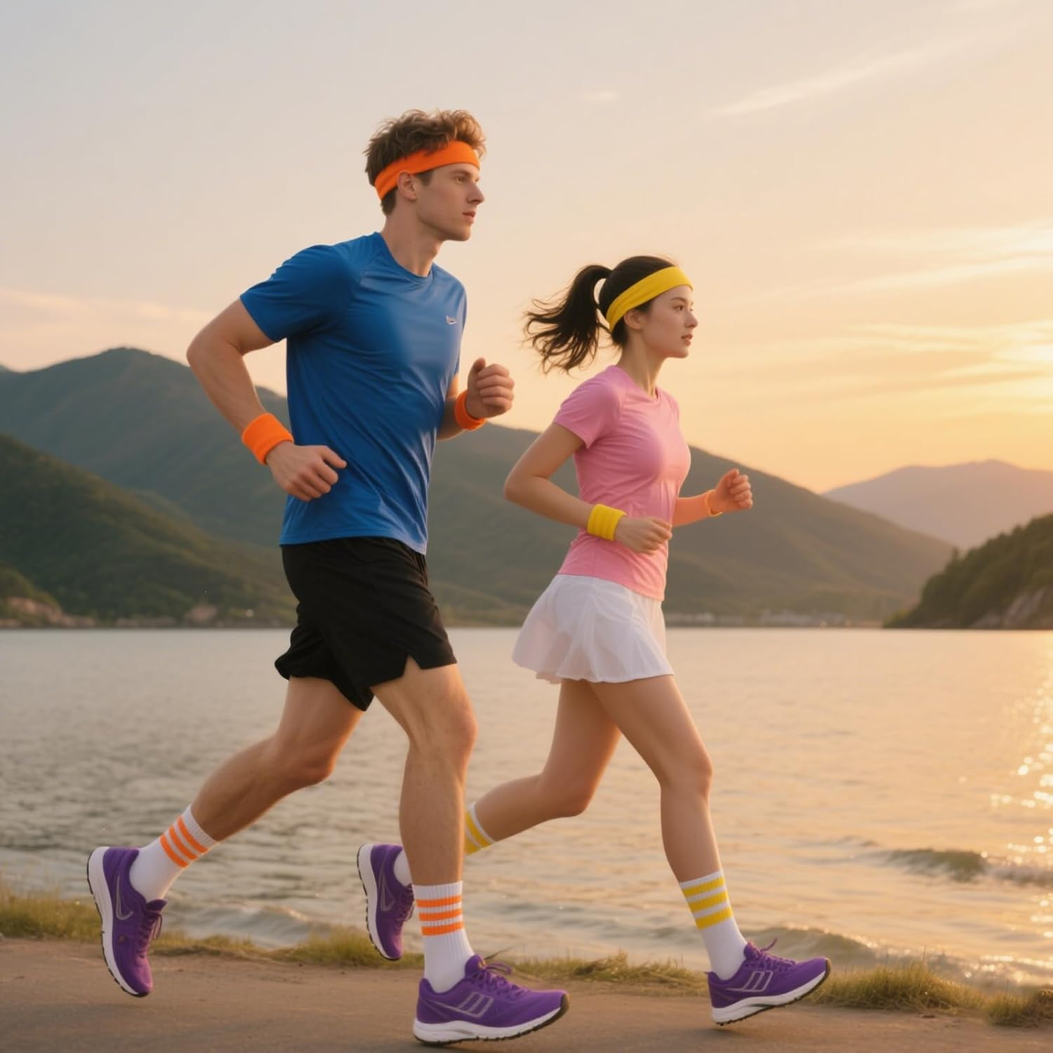 4 Sets Sweatbands Striped Socks Set 80S Headband Wristband Cotton Sock Colorful Sweat Bands Sports Athletic Accessory for Workout Mardi Gras Women