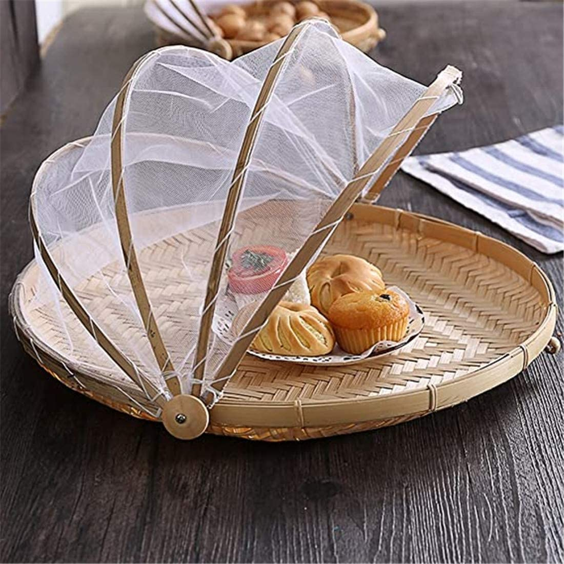 Hand-Woven Bamboo Tent Basket with Mesh Gauze Cover - Insect Proof, Dustproof round Picnic Basket for Vegetables, Fruits, Bread (40 Cm) image number 2