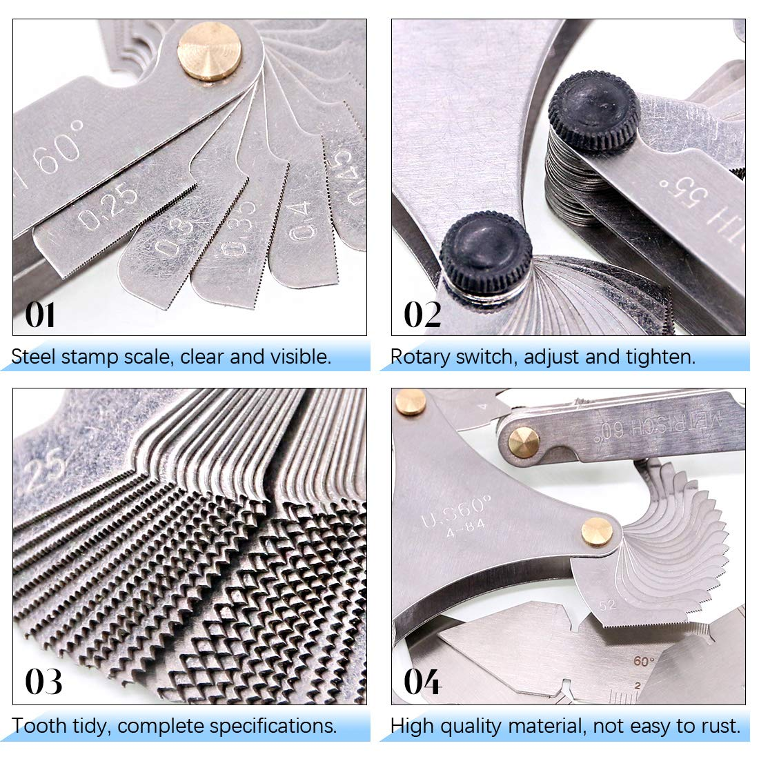 Glarks 5Pcs Stainless Steel Screw Thread Pitch Cutting Gauge Tool Set, 51Pcs America SAE Type + 52Pcs Metric & America SAE Type & British Whitworth + 3Pcs Center Gage, Packed in Plastic Box