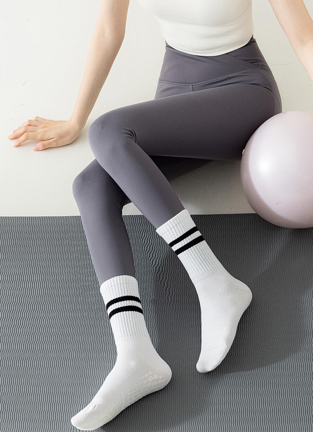 5 Pairs Grip Pilates Socks for Women, Non Slip Yoga Athletic Long Crew Socks for Barre Ballet Gym Workout - 5 Pairs (Multicolor) image number 7