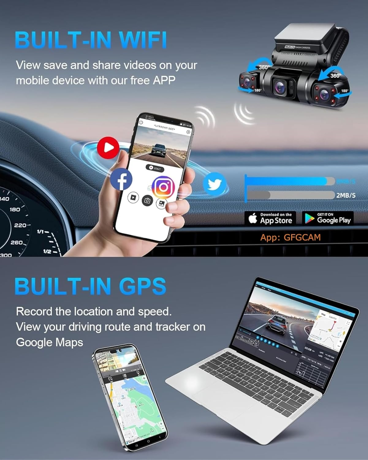 Rhorawill 360&deg; View 4 Channel Dash Cam Front and Rear inside Left Right,Car Dashboard Recorder with 5G Wifi Gps,Quad Dash Camera for Cars,Parking Mode,Night Vision,150&deg; Wide Angle 3&rdquo; Tft,Free 128GB image number 3