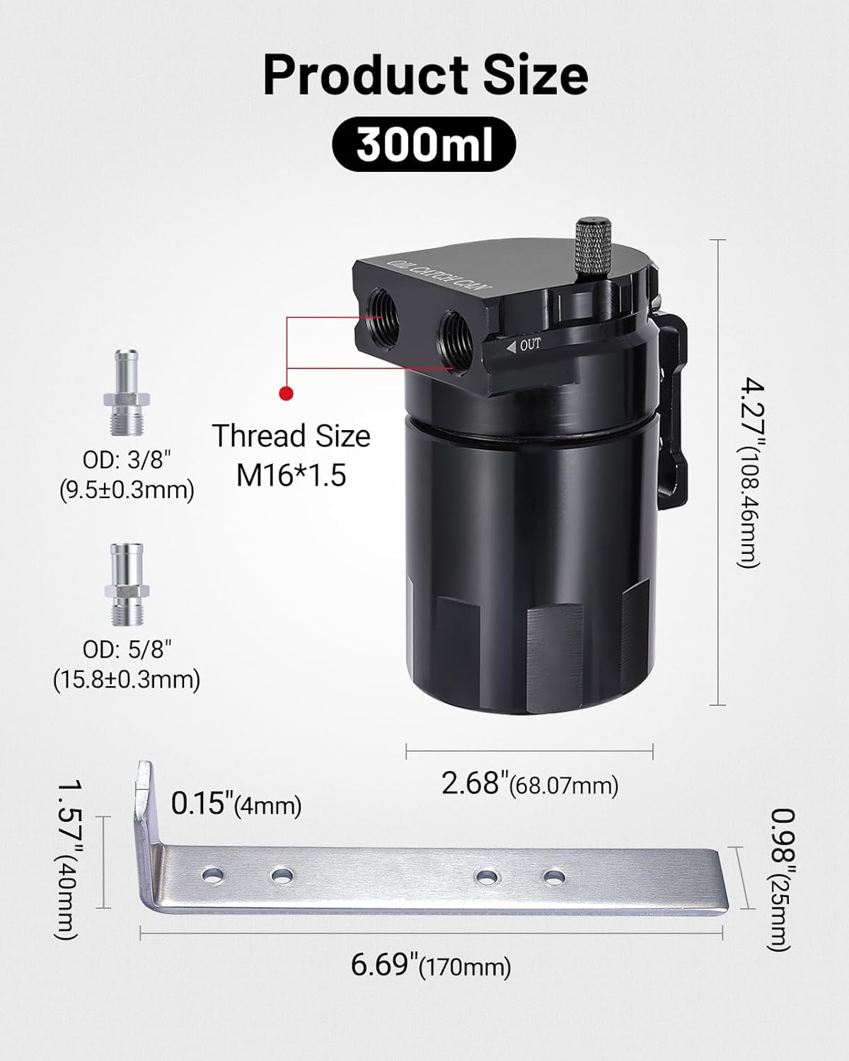 EVIL ENERGY Baffled Universal Oil Catch Can Reservoir Tank Kit with 3/8" NBR Fuel Line and Steel Wool Aluminum Black 400Ml image number 2