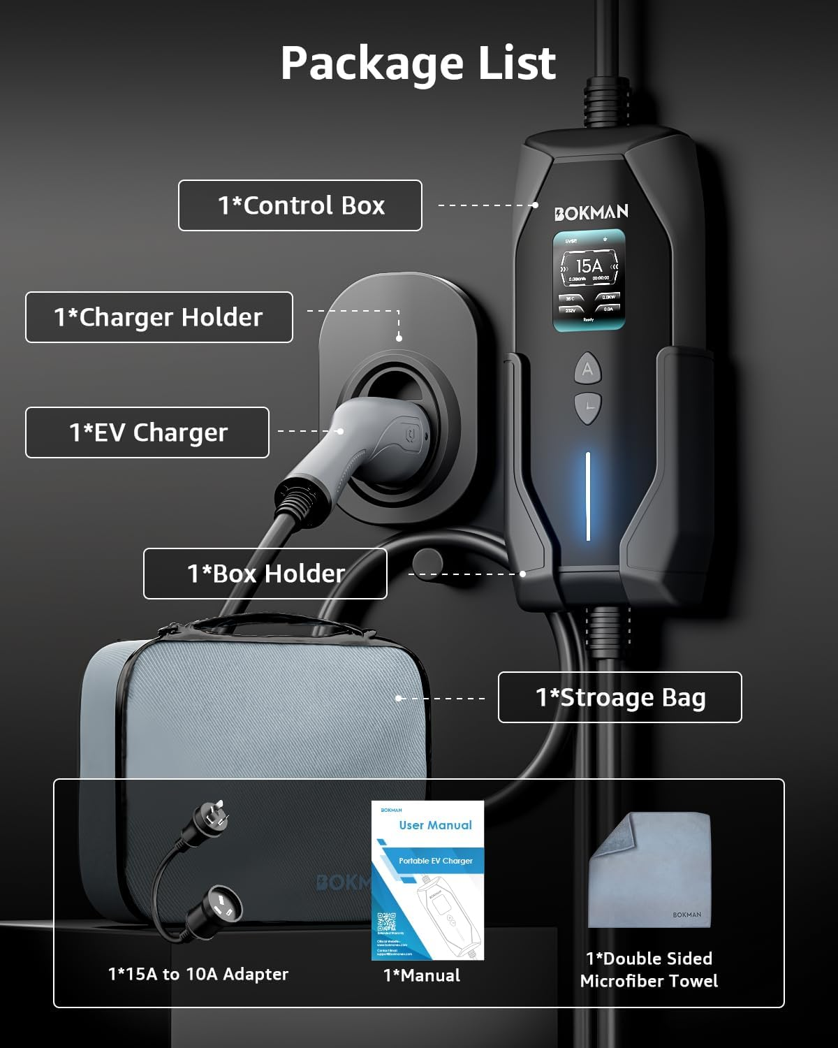Bokman Type 2 EV Charger, (15A+10A Adapter/3.5Kw/5M) Portable Home Charger with Australian 15A Plug Compatible with Tesla Model3/Y/Atto 3/Mg4/Polestar2/Ev6/Ioniq5 image number 1
