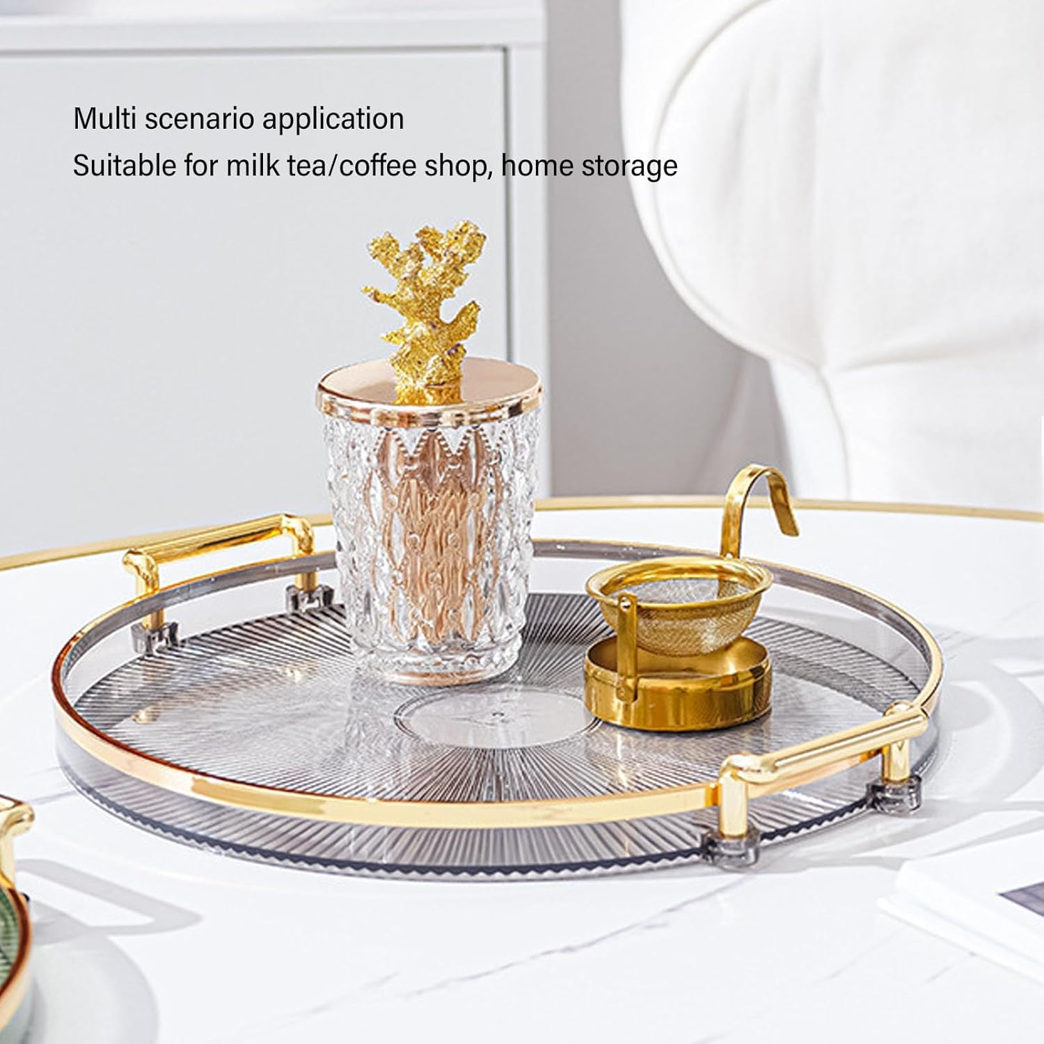 Round Decorative Tray with Gold Handles - Multi Functional Golden Rim Serving Tray for Fruit Desserts, round Tray with Gold Handle (Smoke Gray) image number 1