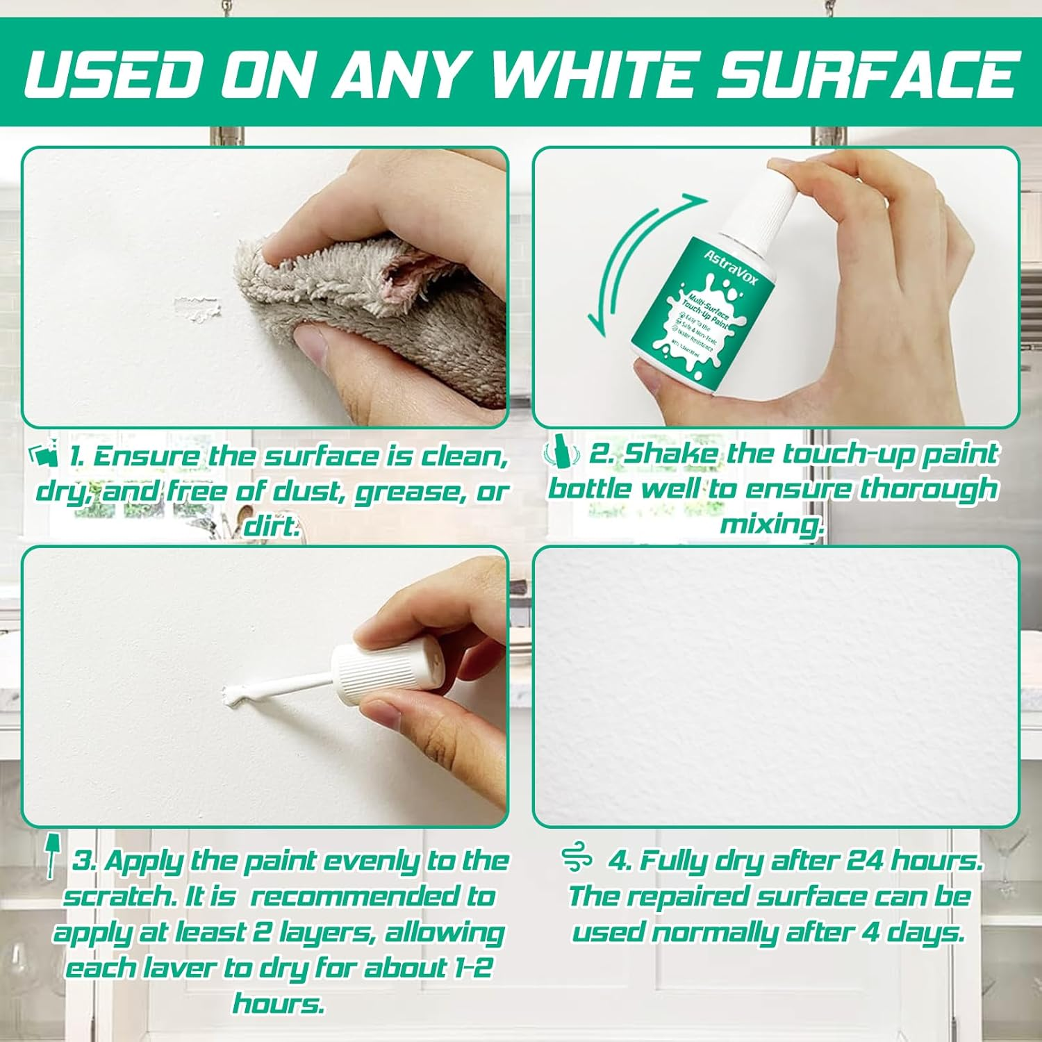 Astravox White Enamel Touch up Paint, Multi-Surface White Touch up Paint for Wall Furniture Appliance Tile Cabinet Bath, Interior and Exterior Repair Scratches, Waterproof, Easy to Use (Semi-Gloss) image number 3