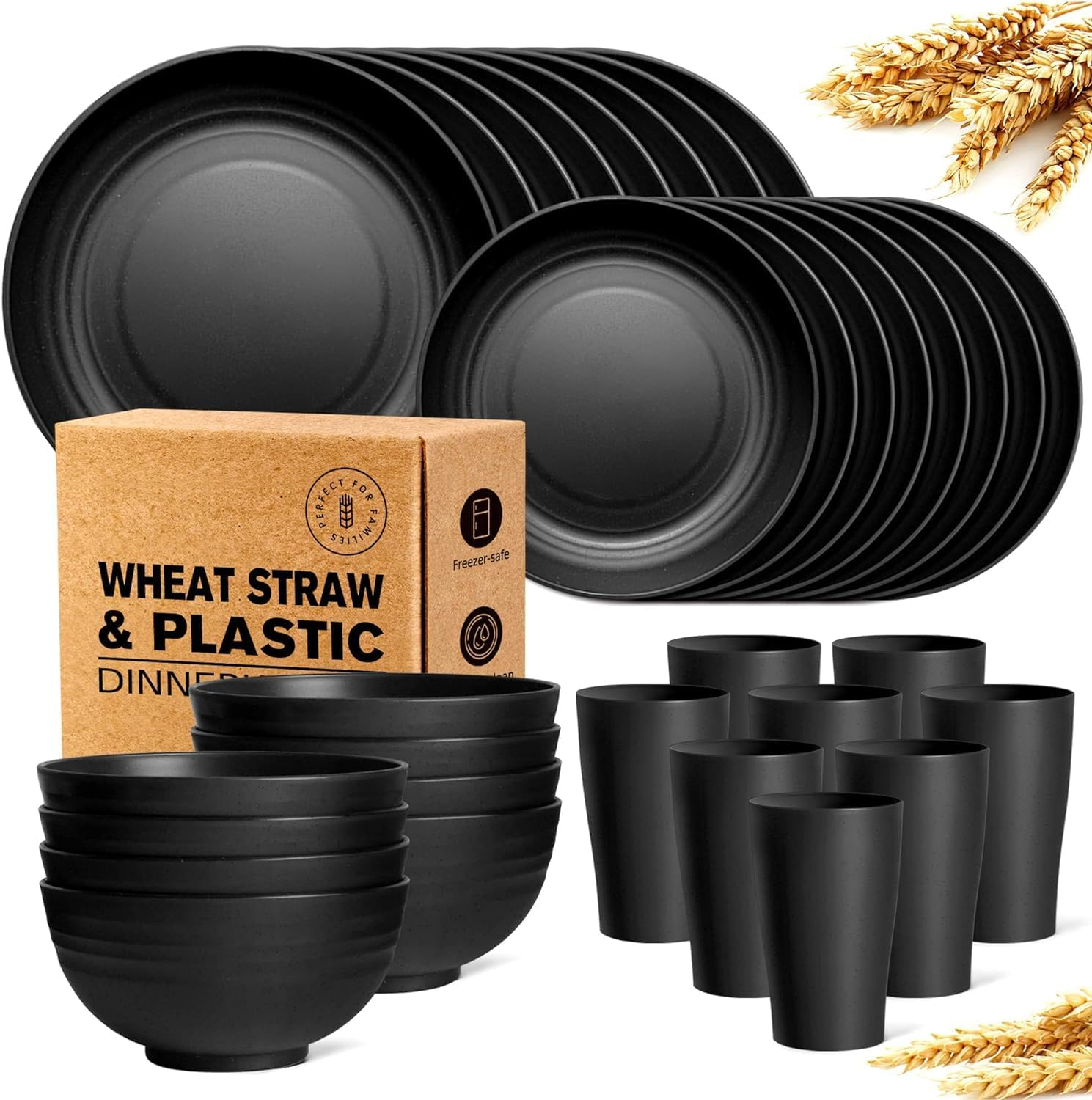 HOMIEST 32-Piece Plastic Wheat Straw Square Dinnerware Set for 8, Unbreakable Dinner Plates, Salad Plates, Snack Bowls, Tumblers 20 Oz, Dishwasher Safe, Black Matte