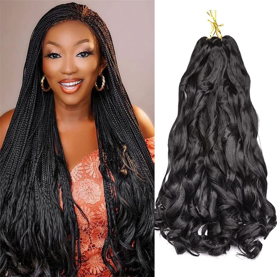 24 Inch French Curl Braiding Hair Pre Stretched 6 Packs Loose Wave Bouncy Braiding Hair Spiral Curly Braids Hair Extensions (1B) image number 1